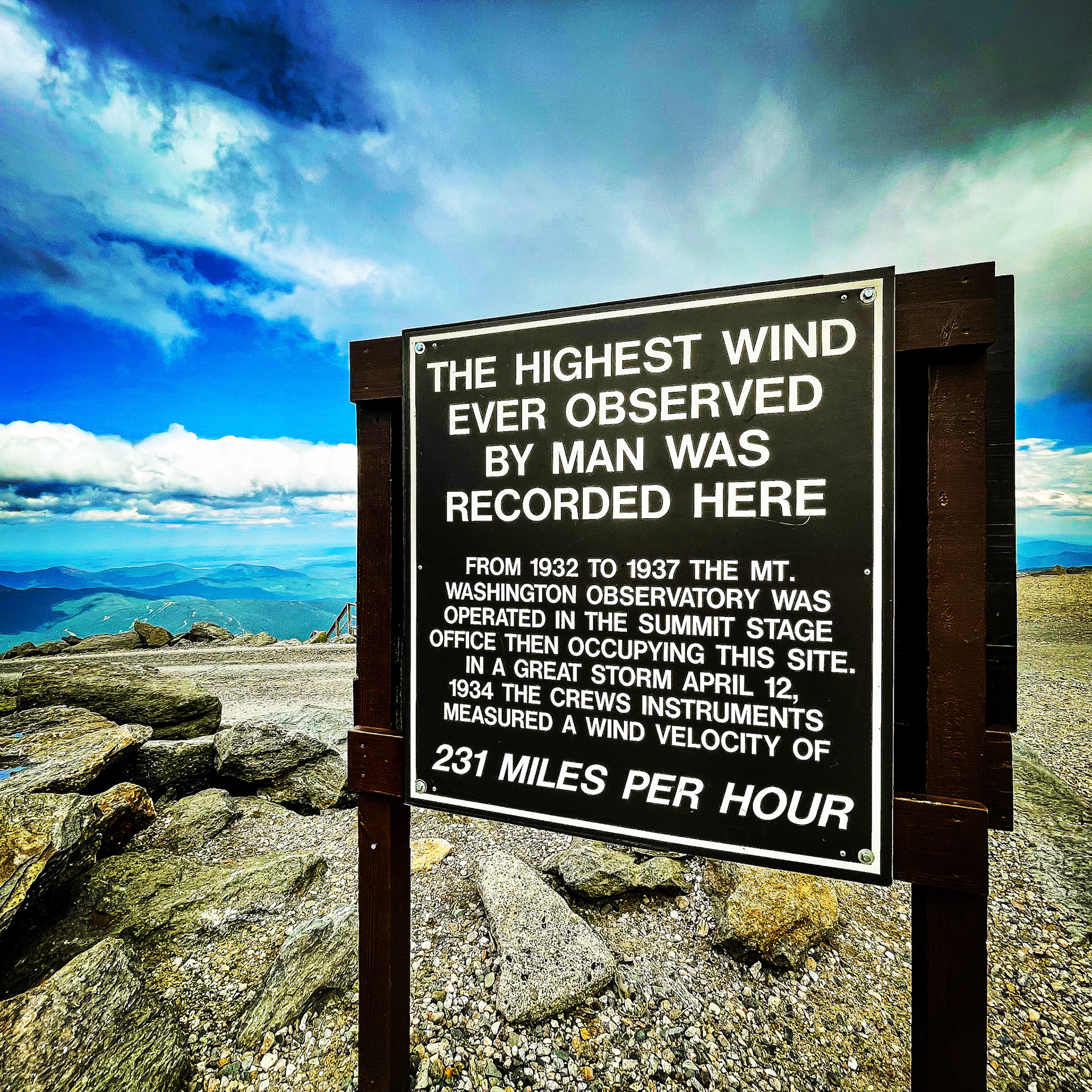Highest recorded wind speed marker on the summit of Mount Washington, NH