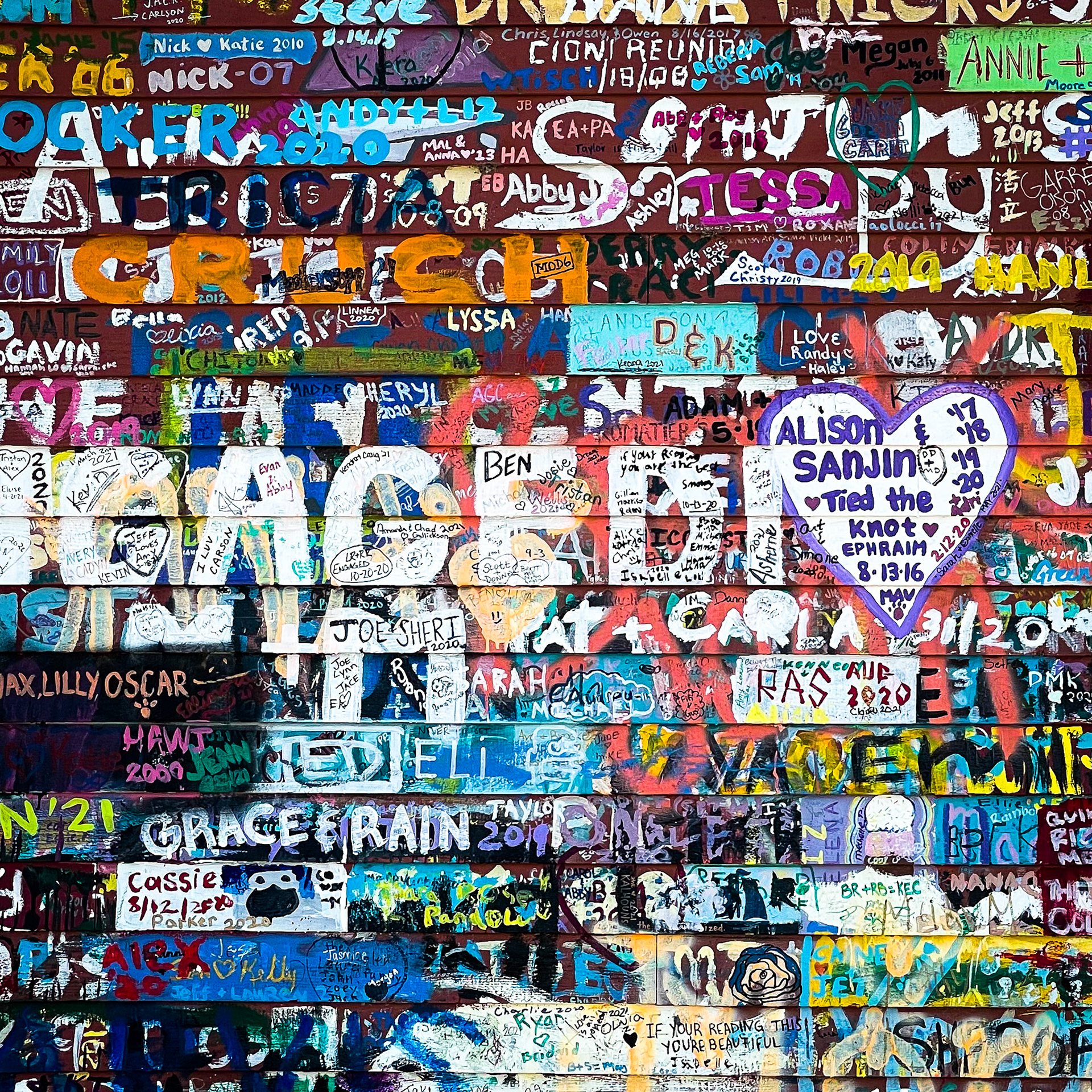 Detail from the graffiti covered walls of the famous Anderson Warehouse at Ephraim, Door County, WI.