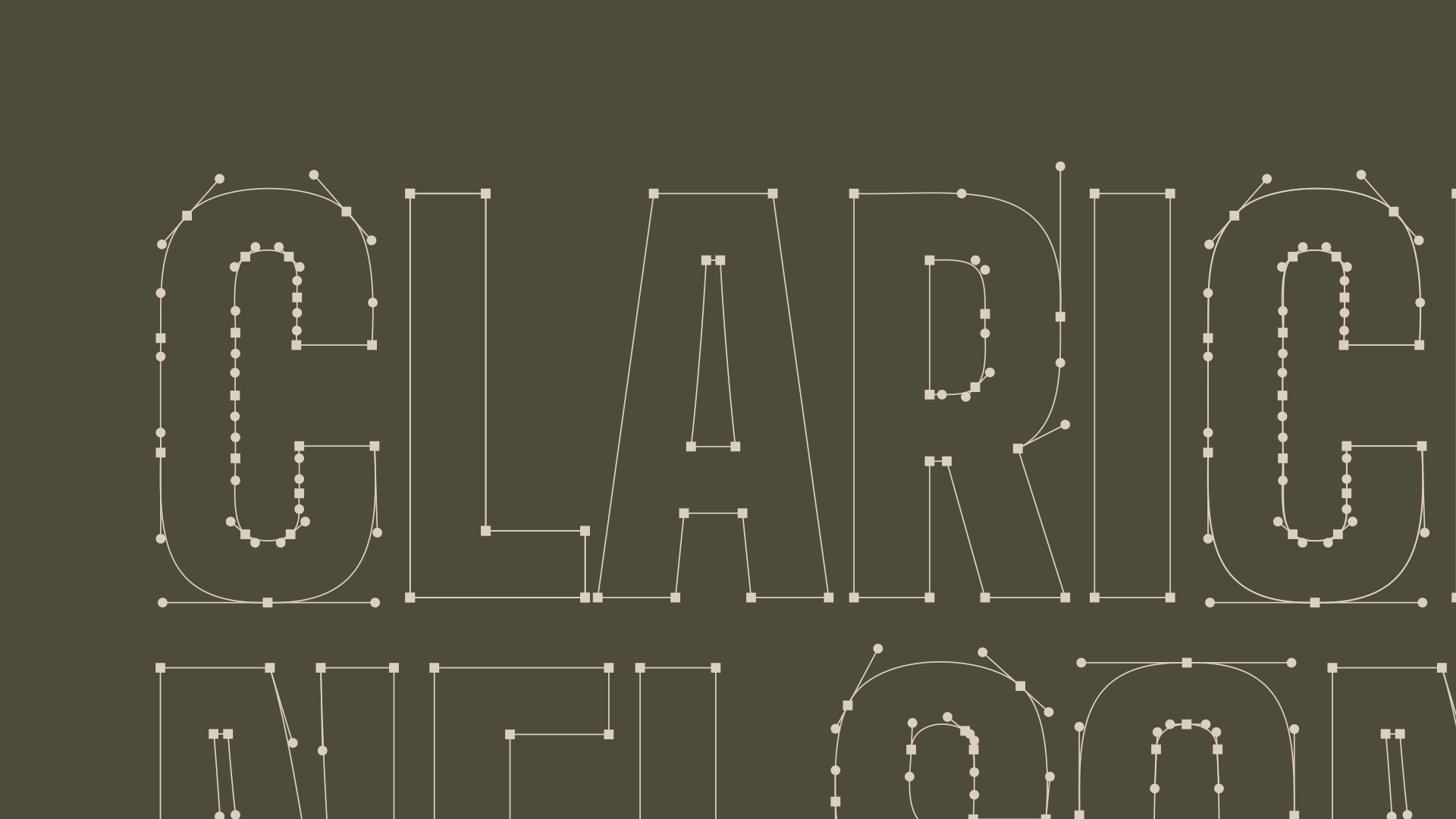 Detalhe técnico da construção tipográfica do logotipo 'Clarice & Nelson'. A imagem exibe os contornos vetoriais (outlines) e os pontos de ancoragem das letras em tom claro sobre fundo escuro, revelando o trabalho de ajuste óptico e refinamento das curvas.