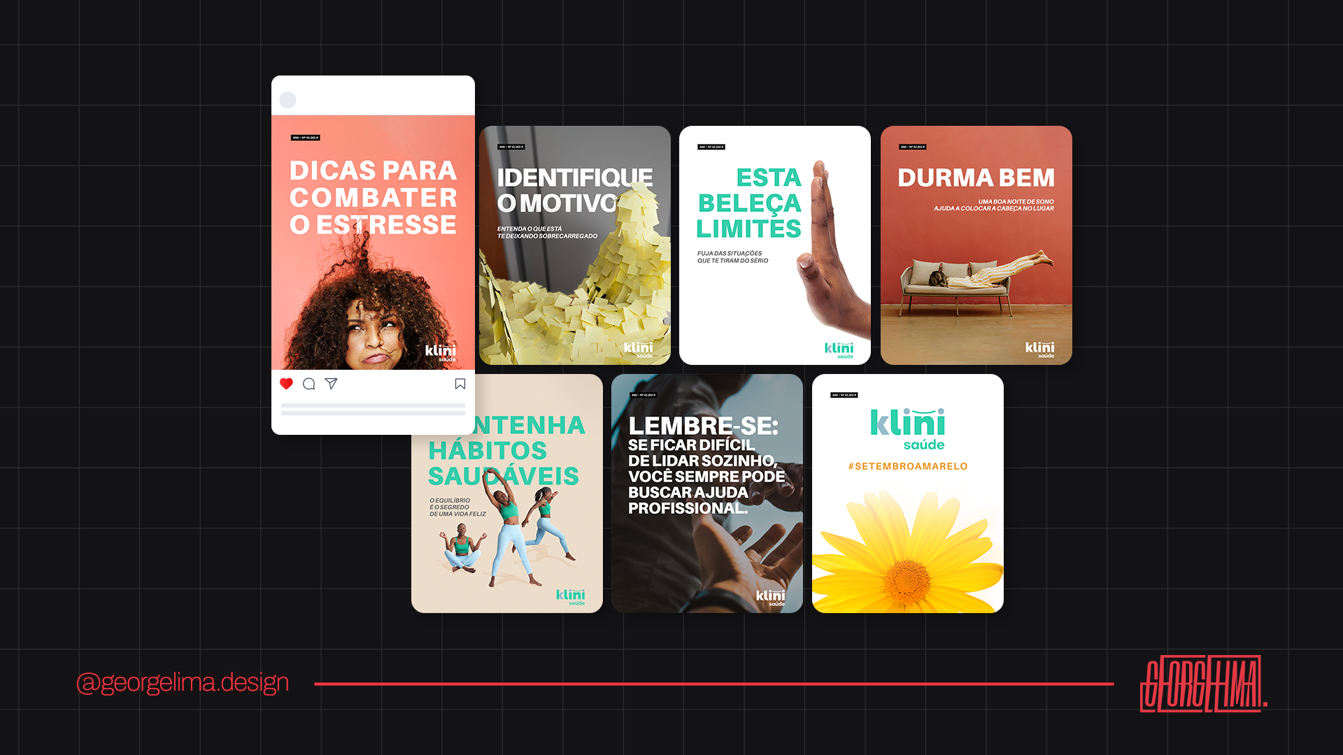 Exemplos de direção de arte para mídias sociais na área da saúde. Grid exibindo posts sobre saúde mental (Setembro Amarelo, Estresse) com uso de fotografia humanizada e cores quentes. Layouts destacam a consistência visual e aplicação de branding em diferentes formatos de mídia.