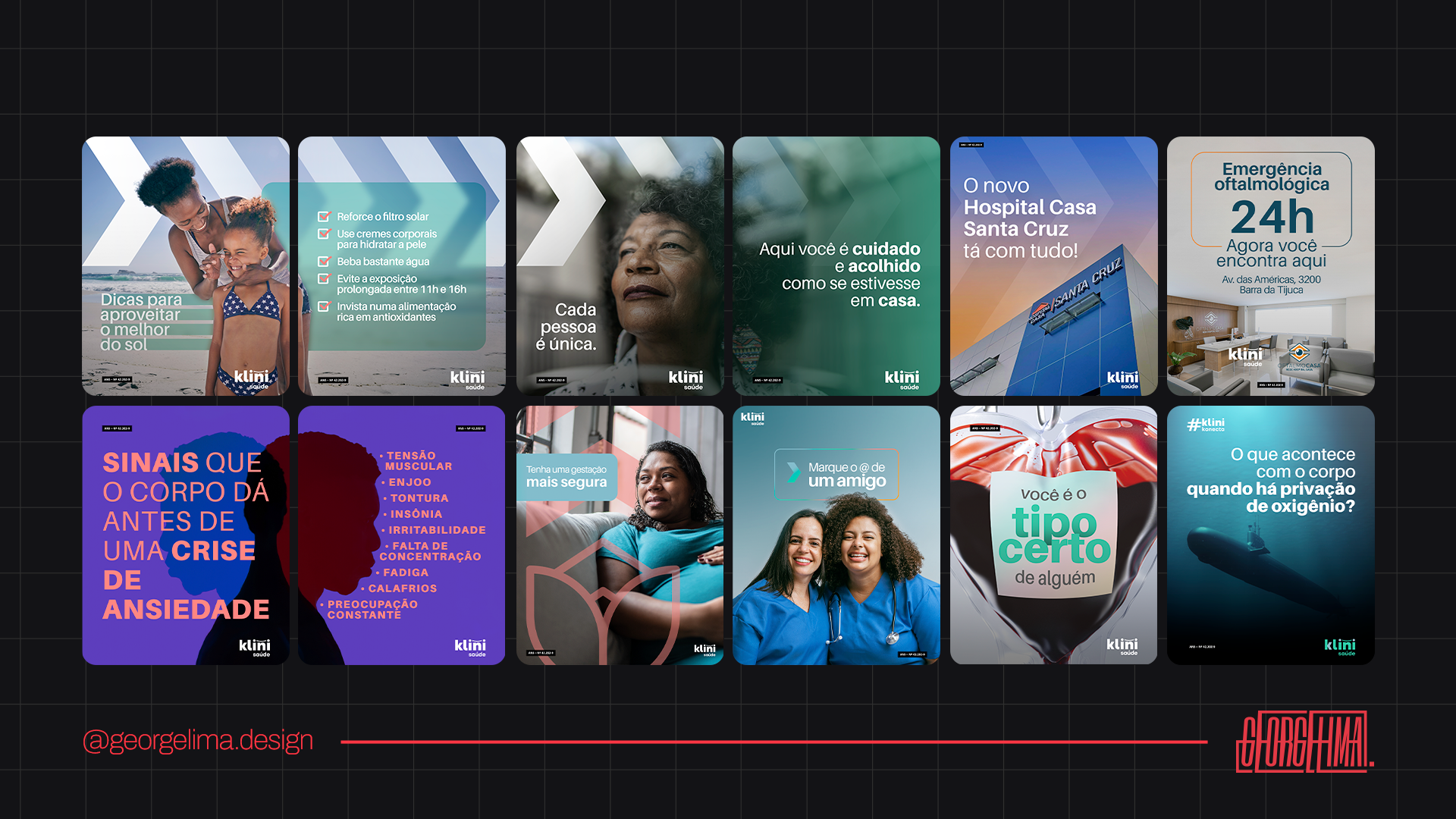 Apresentação de grade de layouts para Instagram (feed) do setor de saúde. Compilado de 10 peças gráficas mostrando diagramação de dicas de saúde, campanhas de vacinação e avisos institucionais. Design utiliza setas direcionais e blocos de cor sólida para organizar informações médicas complexas.