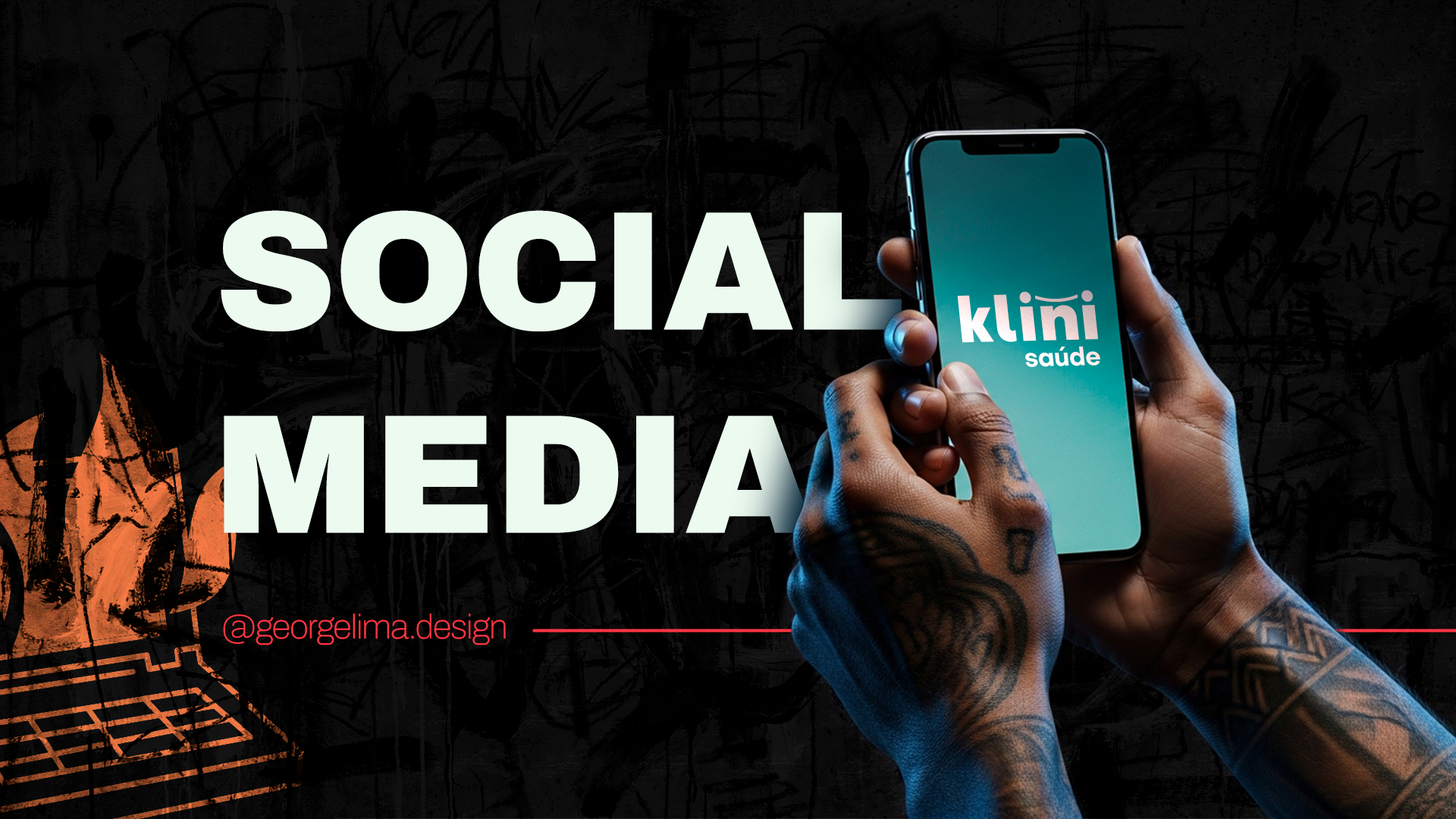 Capa de portfólio de Design Gráfico para Social Media. Em destaque, mãos segurando smartphone exibindo o logotipo da Klini Saúde em tela verde. Texto "SOCIAL MEDIA" em tipografia bold sobre fundo texturizado estilo grunge preto. Identidade visual desenvolvida por George Lima.