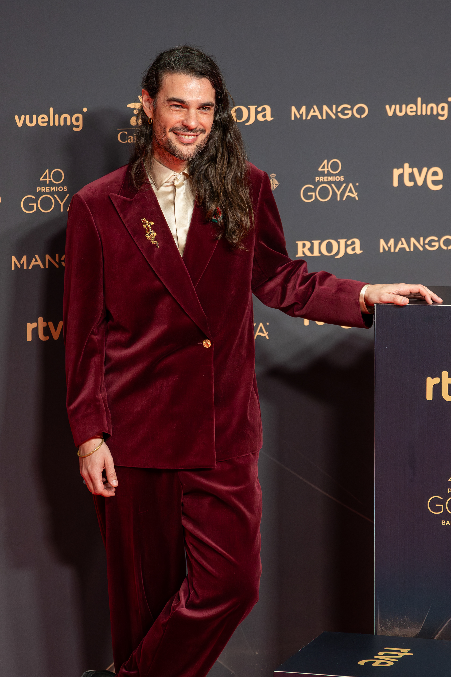 Spanish filmmaker Oliver Laxe posing on the red carpet during the Goya Cinema Awards ceremony