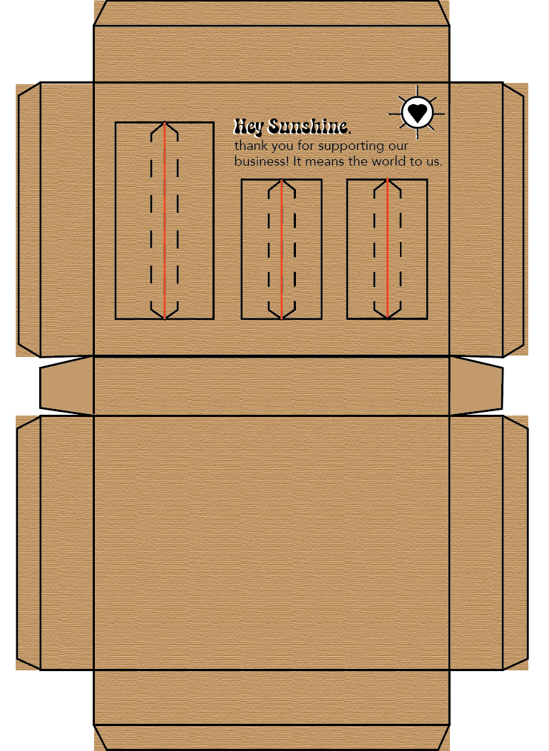 The inner package has slots to keep the products in place. The red lines indicate where the cuts would be made, and the dashed lines are where the folds would be glued down.