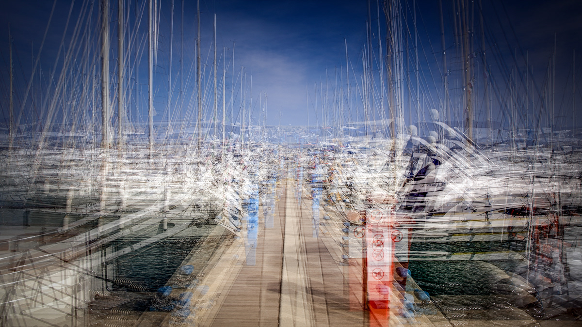 Nicole Holz - Fine Art Editions |  Marina San Lorenzo al Mare | Multi-layered in-camera exposures captured strictly on location along the Ligurian coast. By fusing the raw dynamics of sea and light with the delicate geometry of harbors into fluid, impressionistic sanctuaries, this series stands as a testament to deliberate human craftsmanship and authentic vision in a digital age.