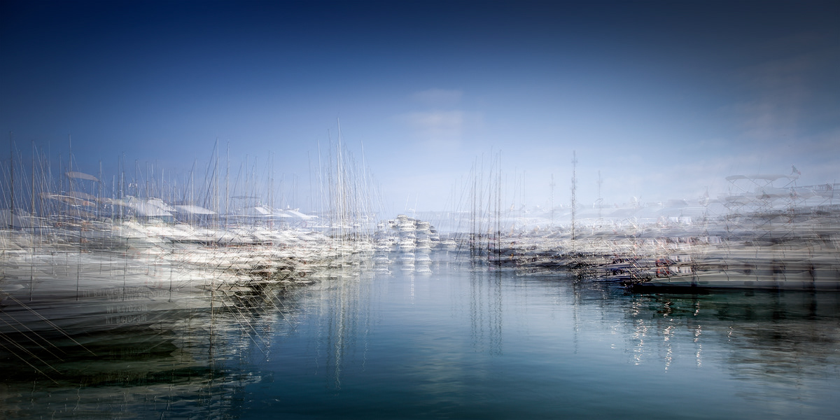 Nicole Holz - Fine Art Editions |  Porto di Andora | Multi-layered in-camera exposures captured strictly on location along the Ligurian coast. By fusing the raw dynamics of sea and light with the delicate geometry of harbors into fluid, impressionistic sanctuaries, this series stands as a testament to deliberate human craftsmanship and authentic vision in a digital age.