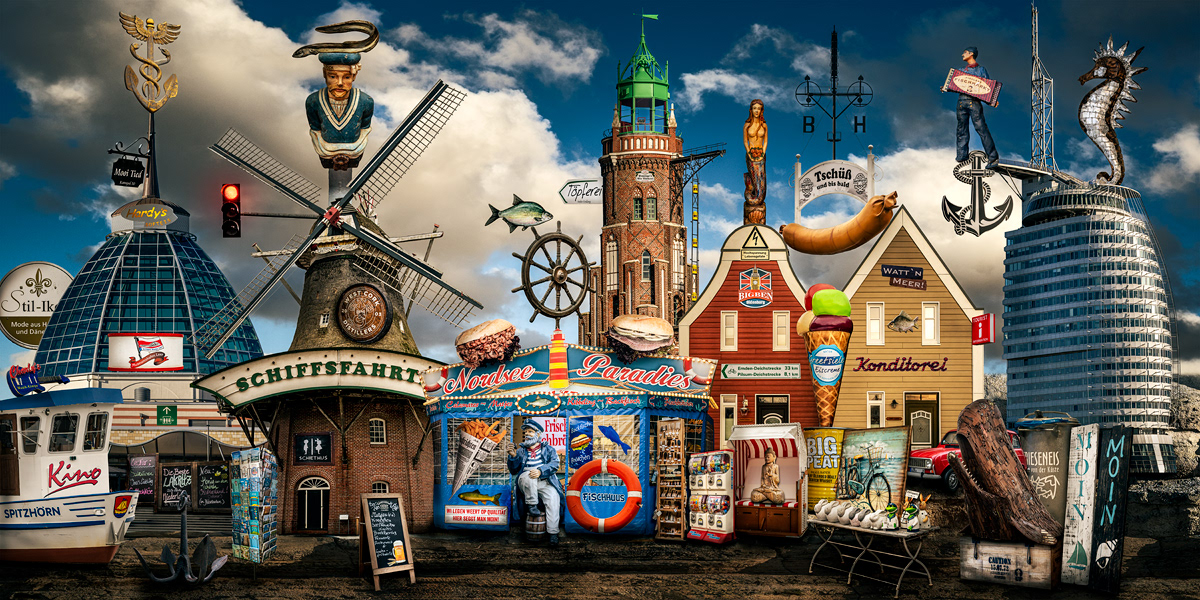 NICOLE HOLZ - Surreal Landscapes: Von der Fotografie zur Imagination | Nordsee Paradies: eine surrealistische Landschaftscollage  als Hommage an das Weltnaturerbe Wattenmeer entlang der ostfriesischen Nordseeküste zeitgenössisch interpretiert.