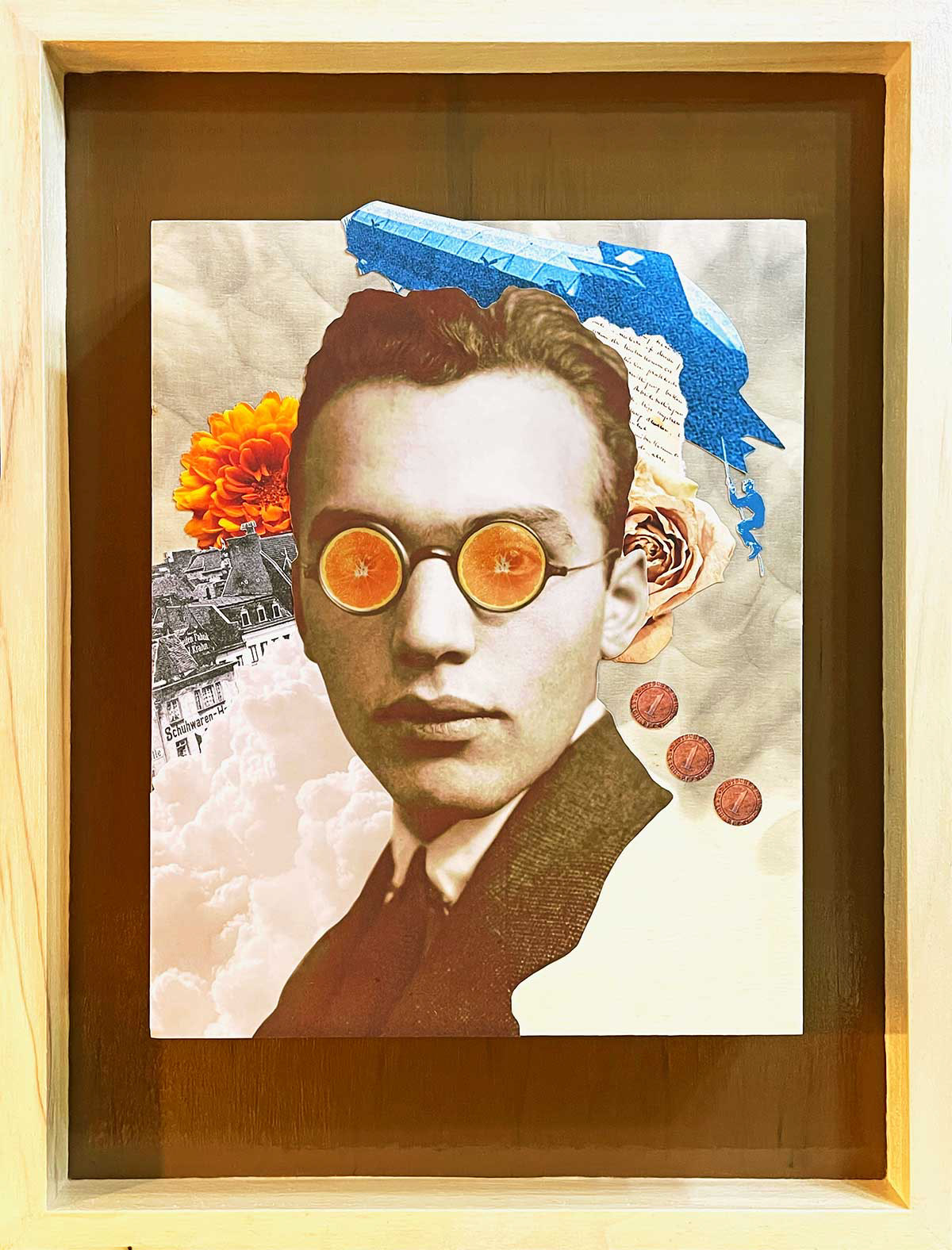 Der Komponist, collage, fumage and acrylic on wood panels, 16"x12", $500