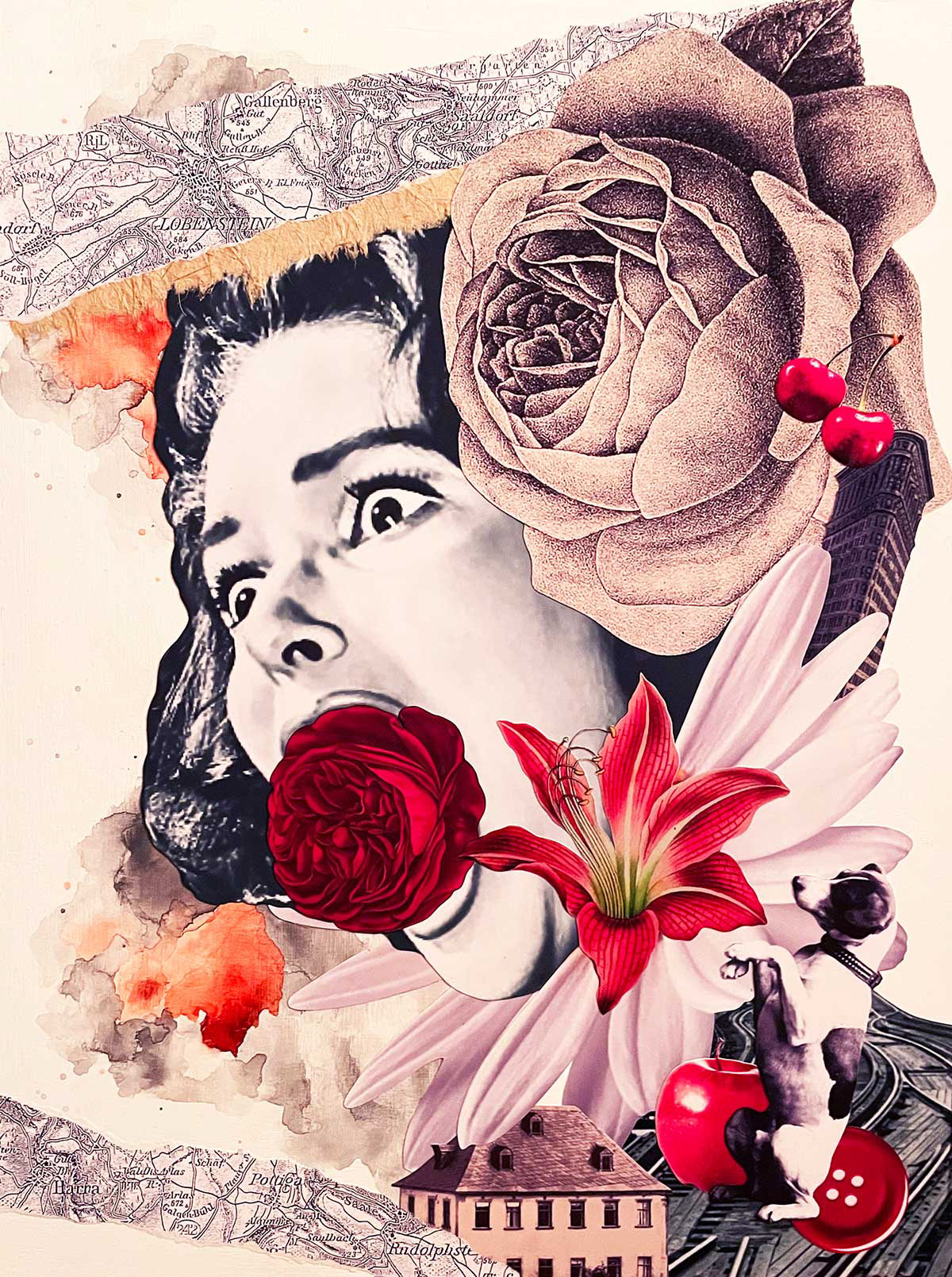 Ultrasound, collage and watercolour on wood panel, 12”x16” Sold