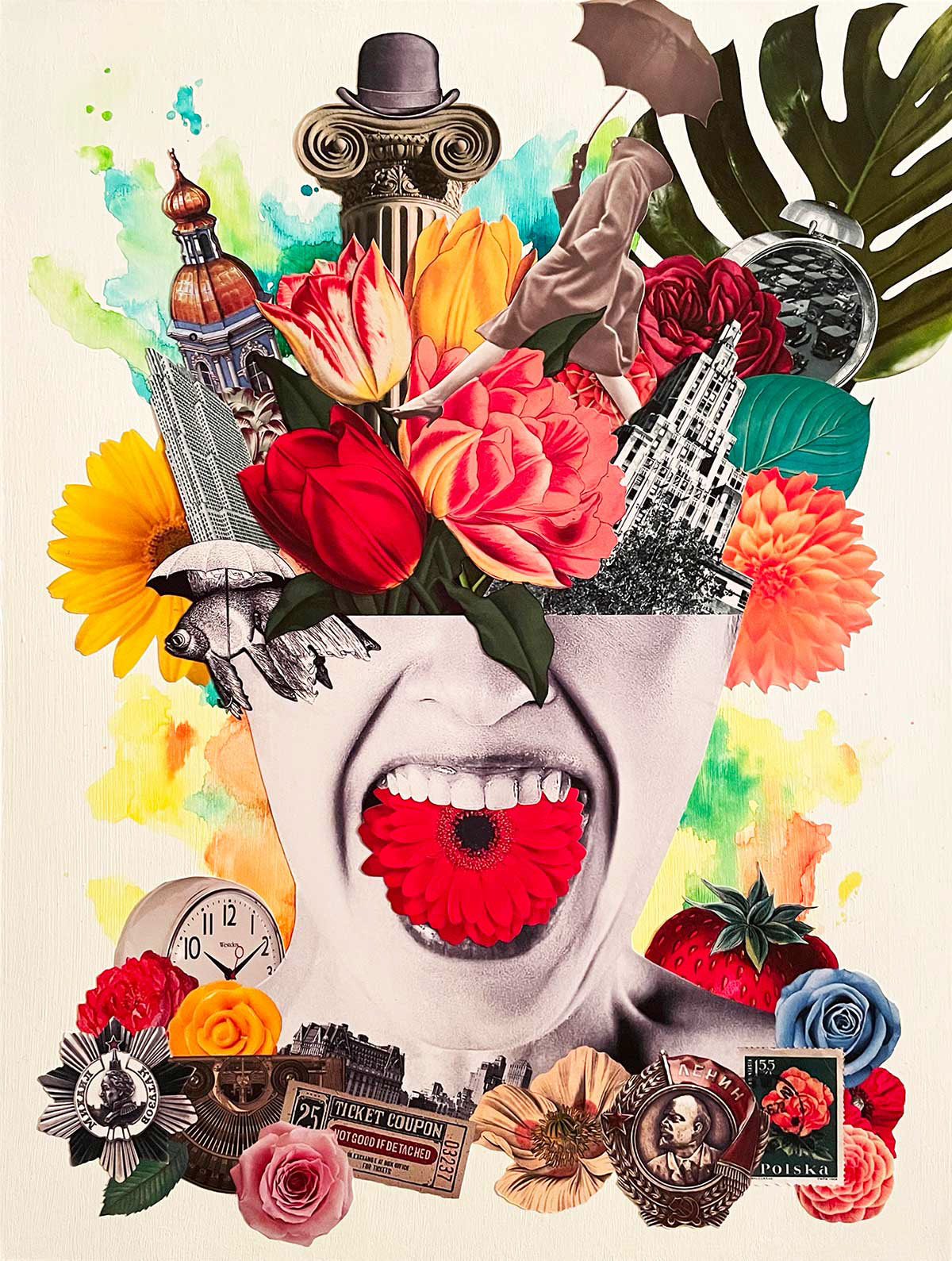 Darling, Can't You Hear Me?, collage and watercolour on wood panel, 12”x16” Sold