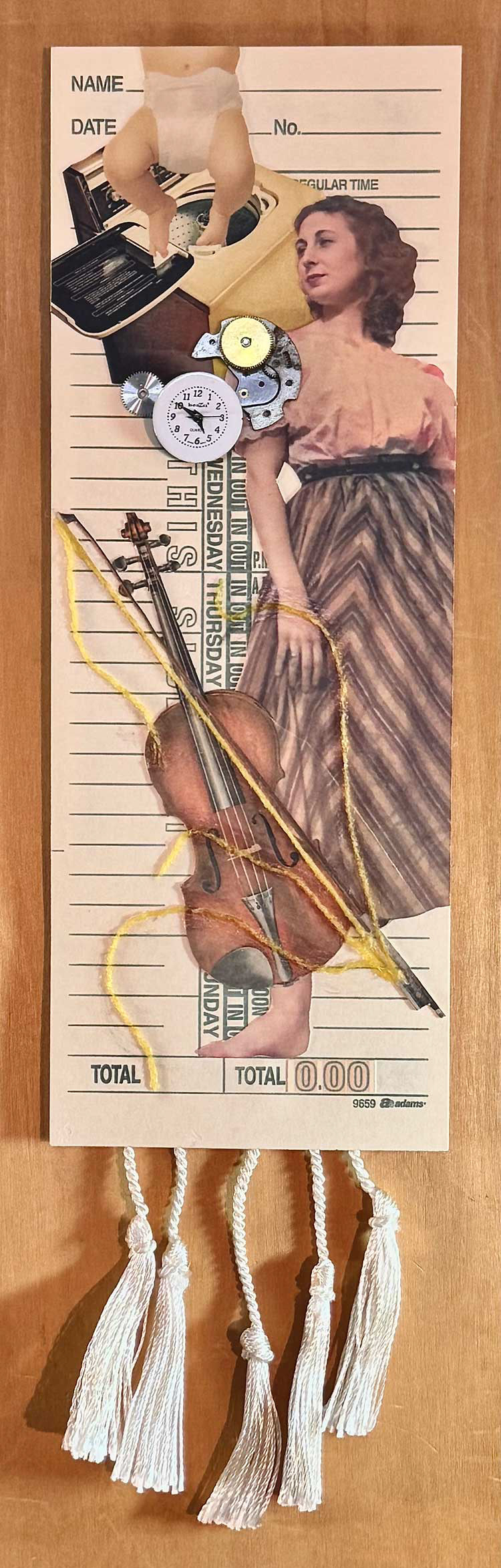 Stringing Her Along, hand-cut collage on time card. For Unpaid Labour exhibition