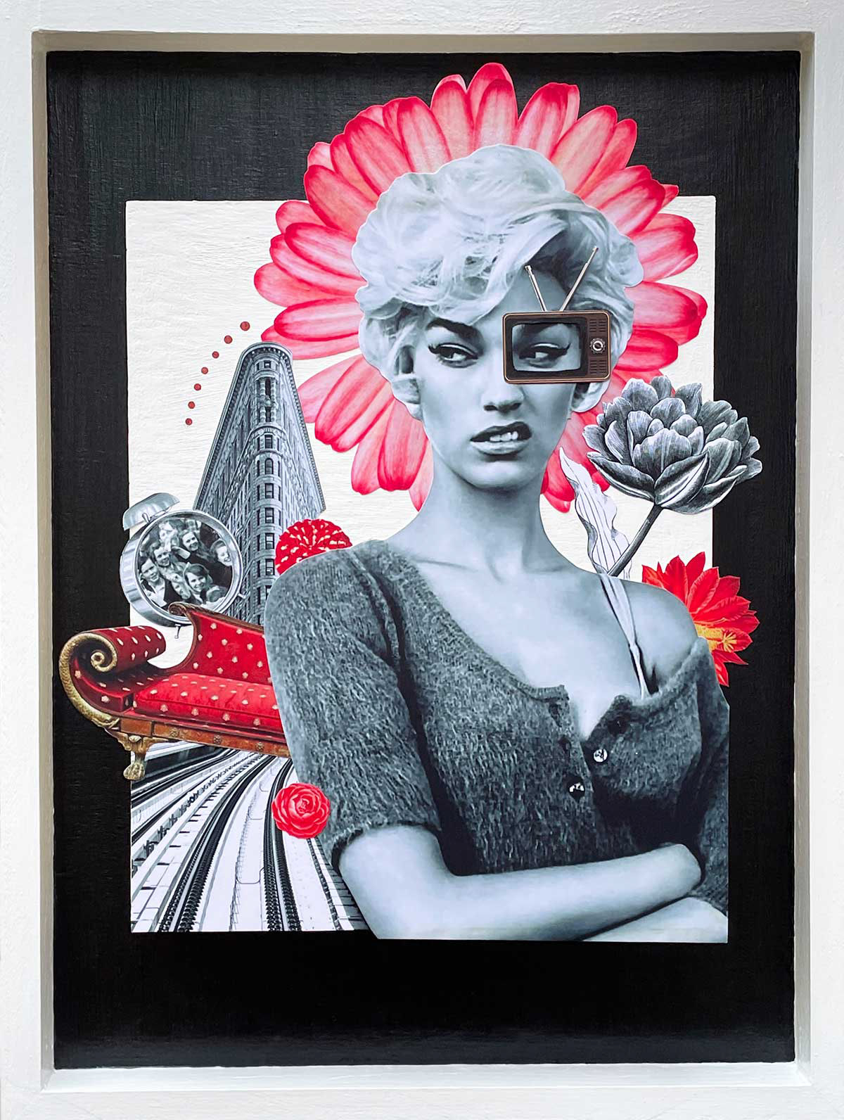 They Sentenced Me To 20 Years Of Boredom, collage and acrylic on wood panel, 12"x16" Sold