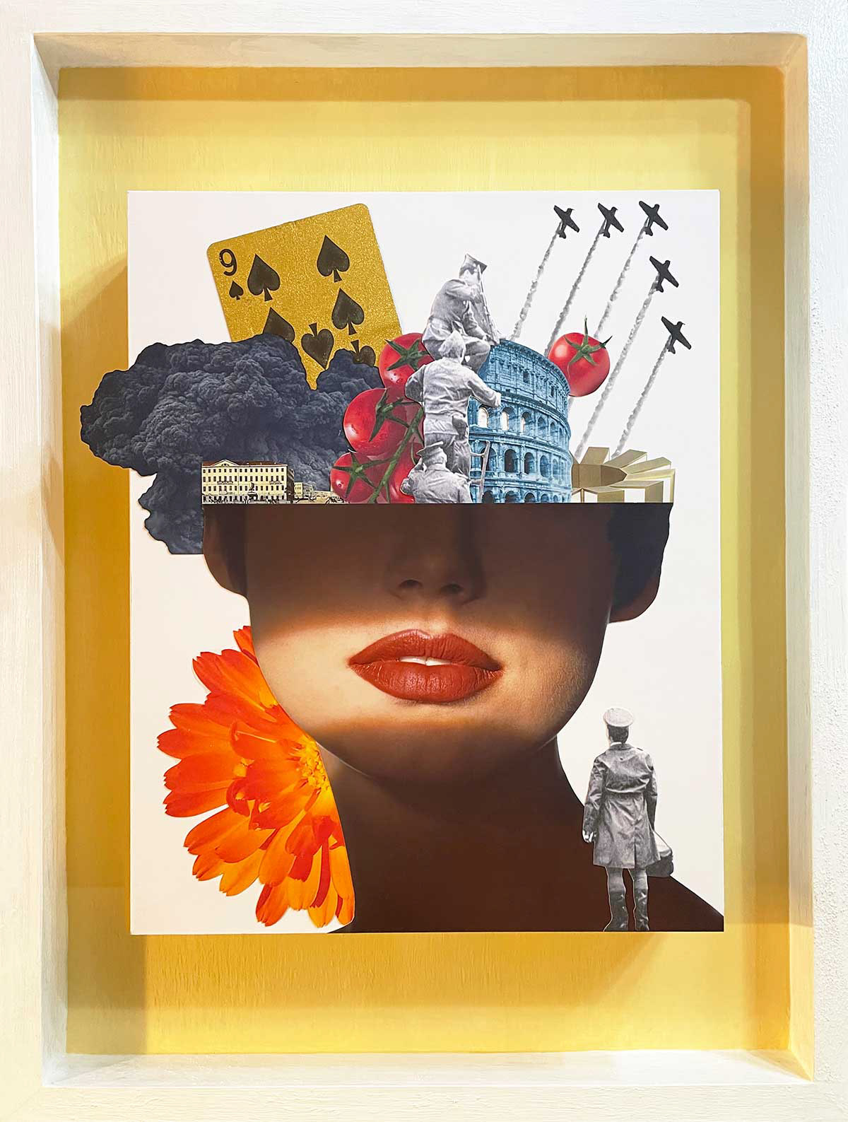 Chiaroscuro, collage and acrylic on wood panels, 16"x12", $500