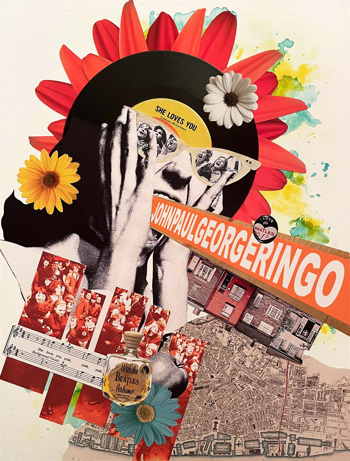JohnPaulGeorgeRingo, collage, 1964 45 rpm record and watercolour on wood panel, 12”x16” Sold