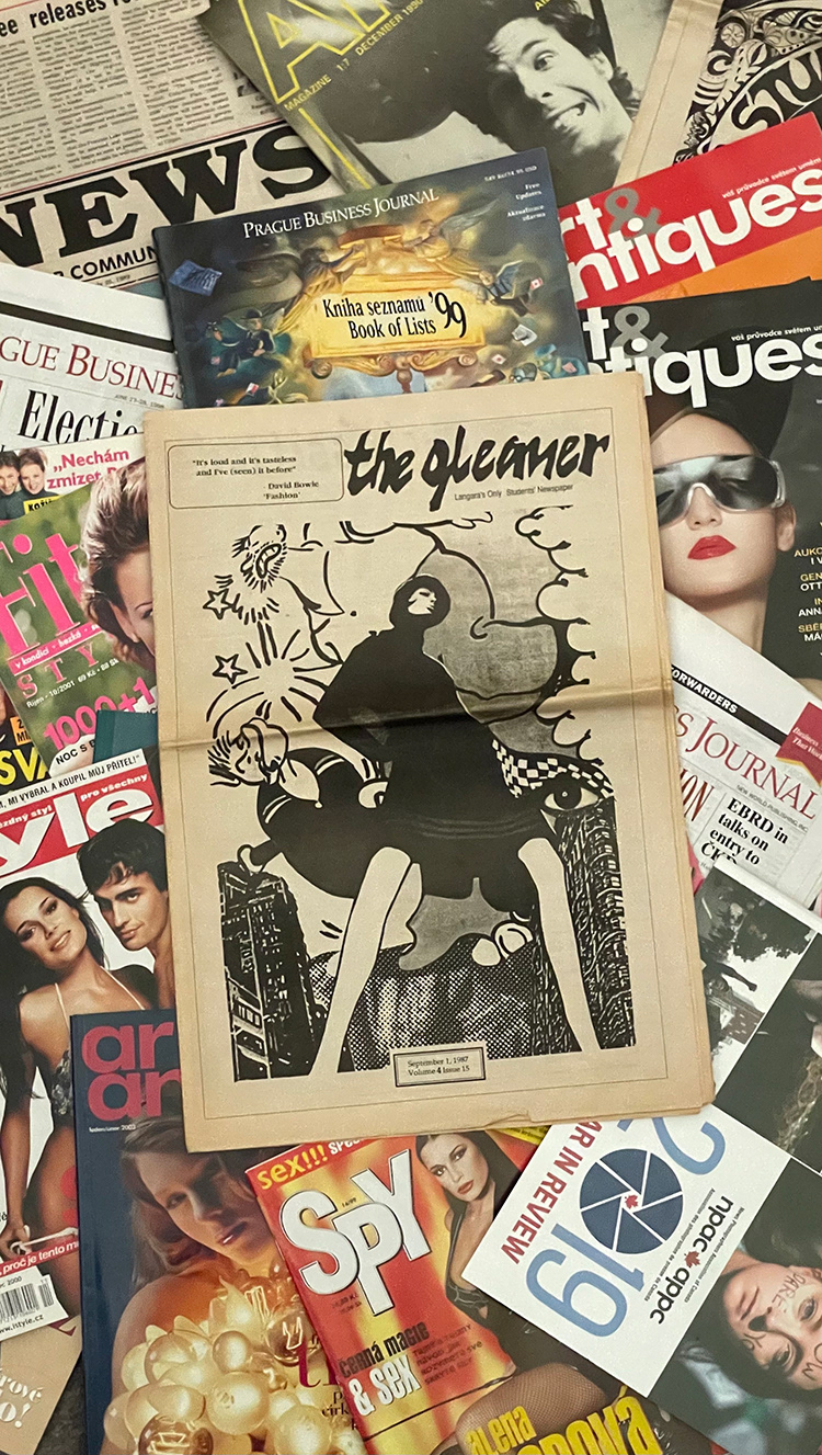 My first collage, The Gleaner front page, September 1987, surrounded by some of the publications I worked on in a previous life