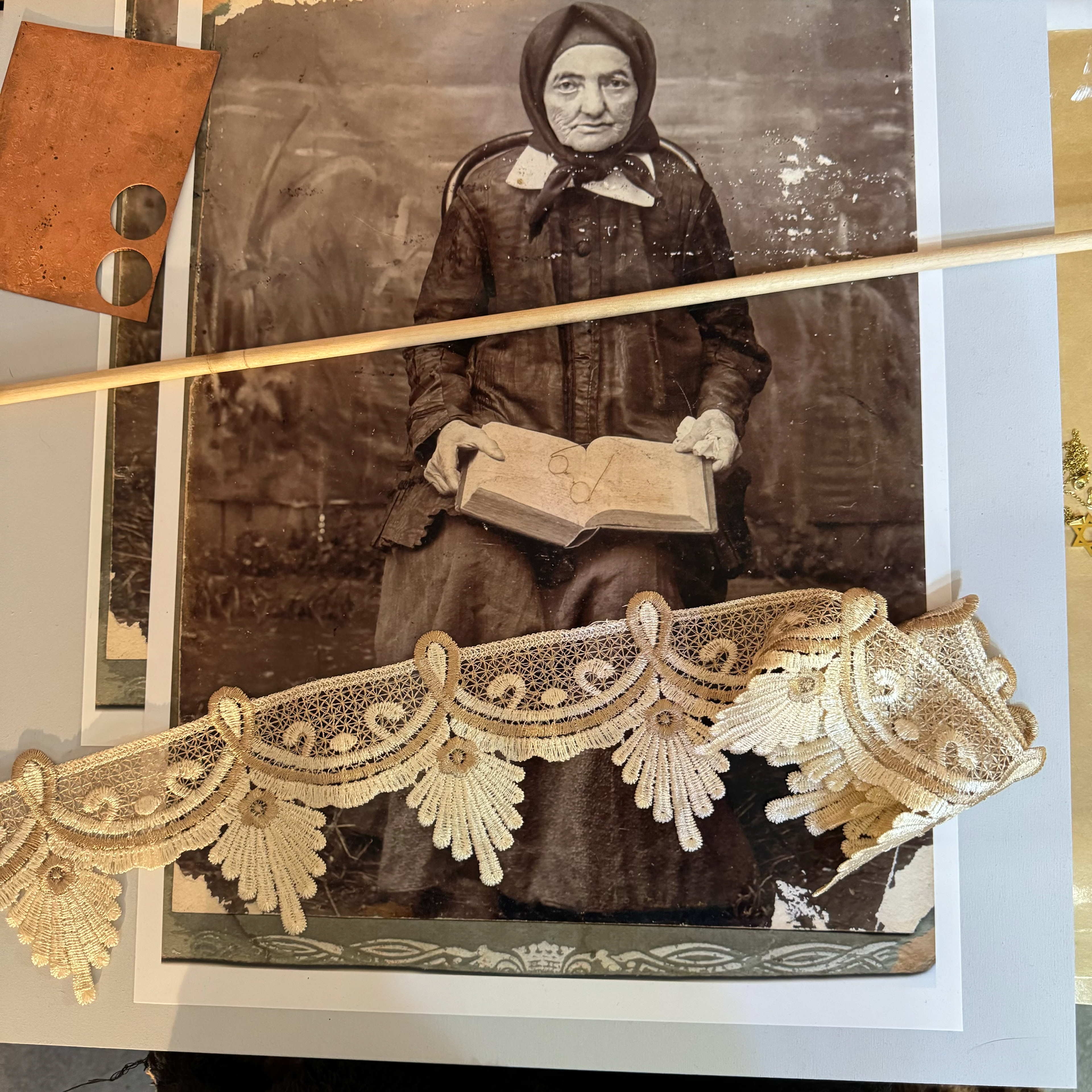 Working on a collage of my great-great-grandmother, Chaya Sarah, taken in their shtetl in what is now Belarus
