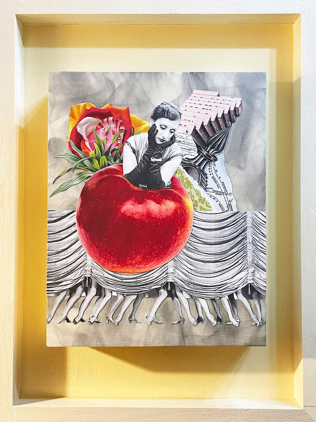 Schadenfreude, collage, fumage and acrylic on wood panels, 16"x12", $500