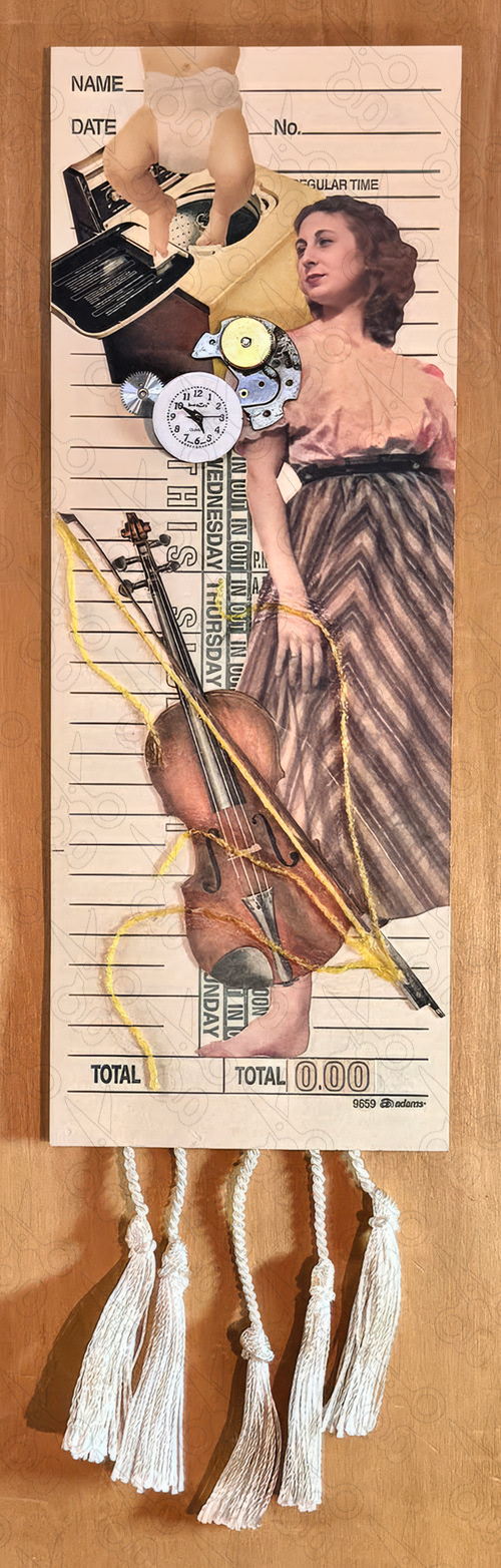 Stringing Her Along, analog collage on time card