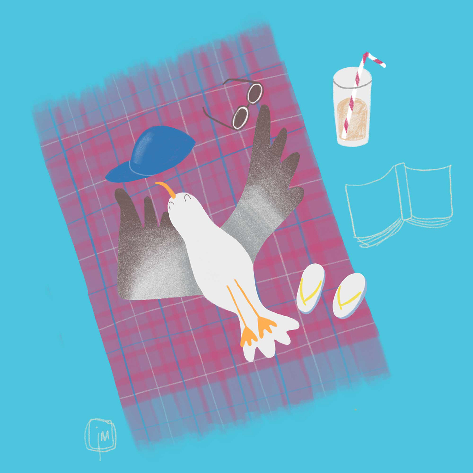 seagull sunbathing on a picnic rug