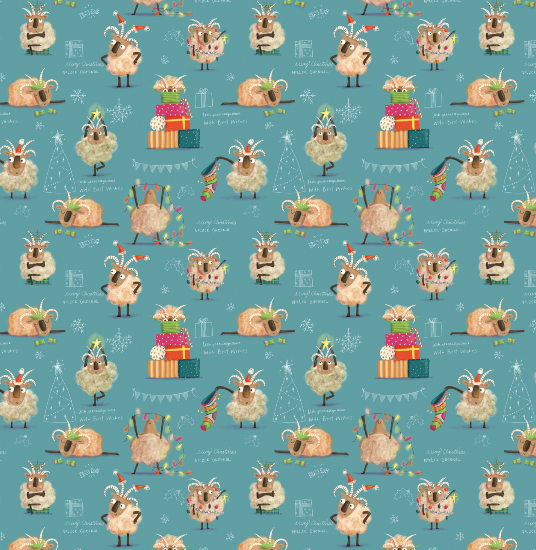 repeat pattern of loaghtan sheep and their Christmas antics