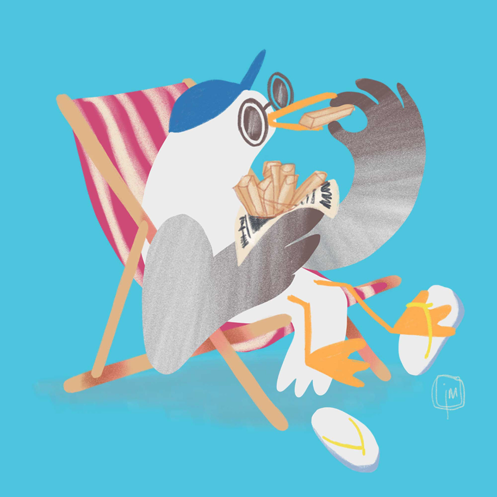 seagull sitting in deckchair eating chips