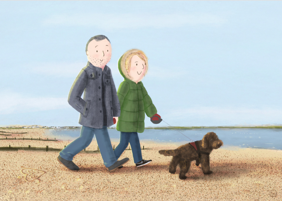 Family portrait - couple walking dog on beach