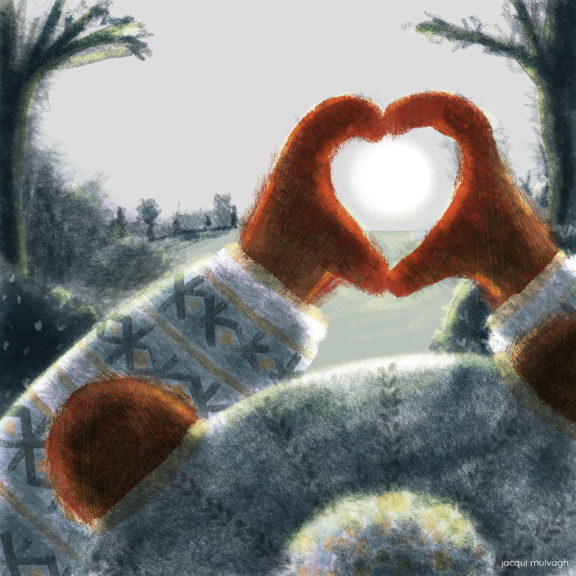Wintry bear with heart shaped hands framing the sun