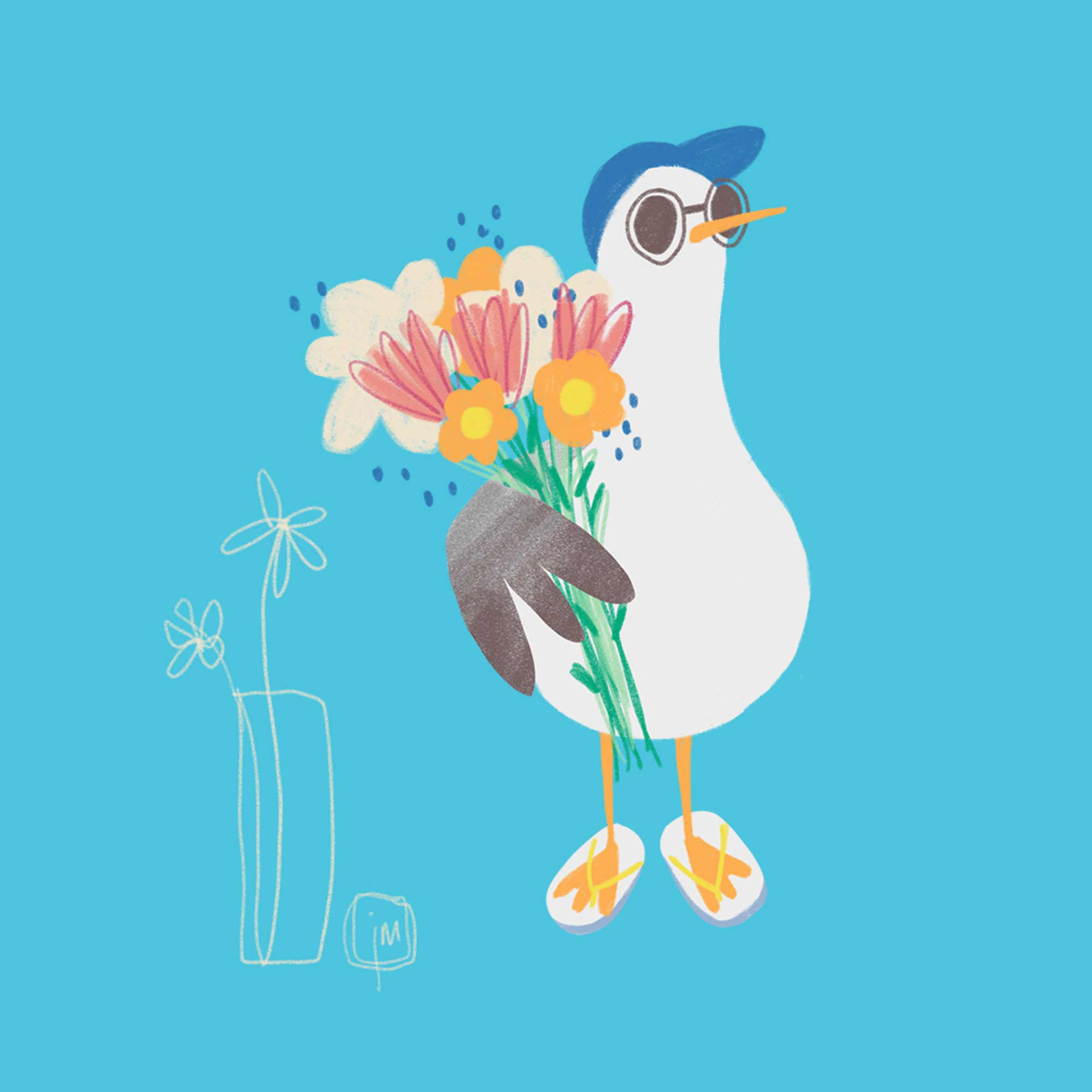 seagull carrying a bunch of flowers