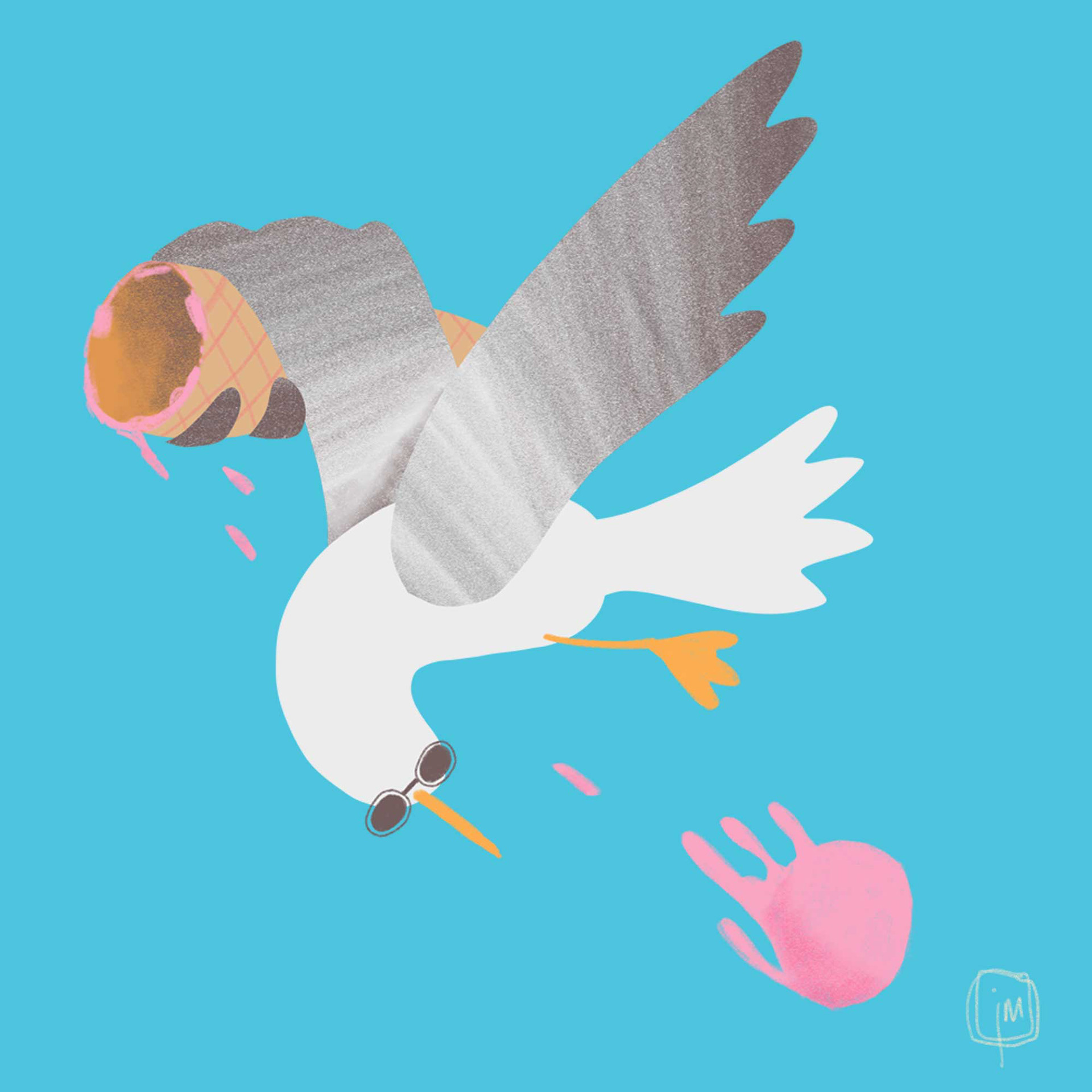 flying seagull has lost the ice cream from his cone