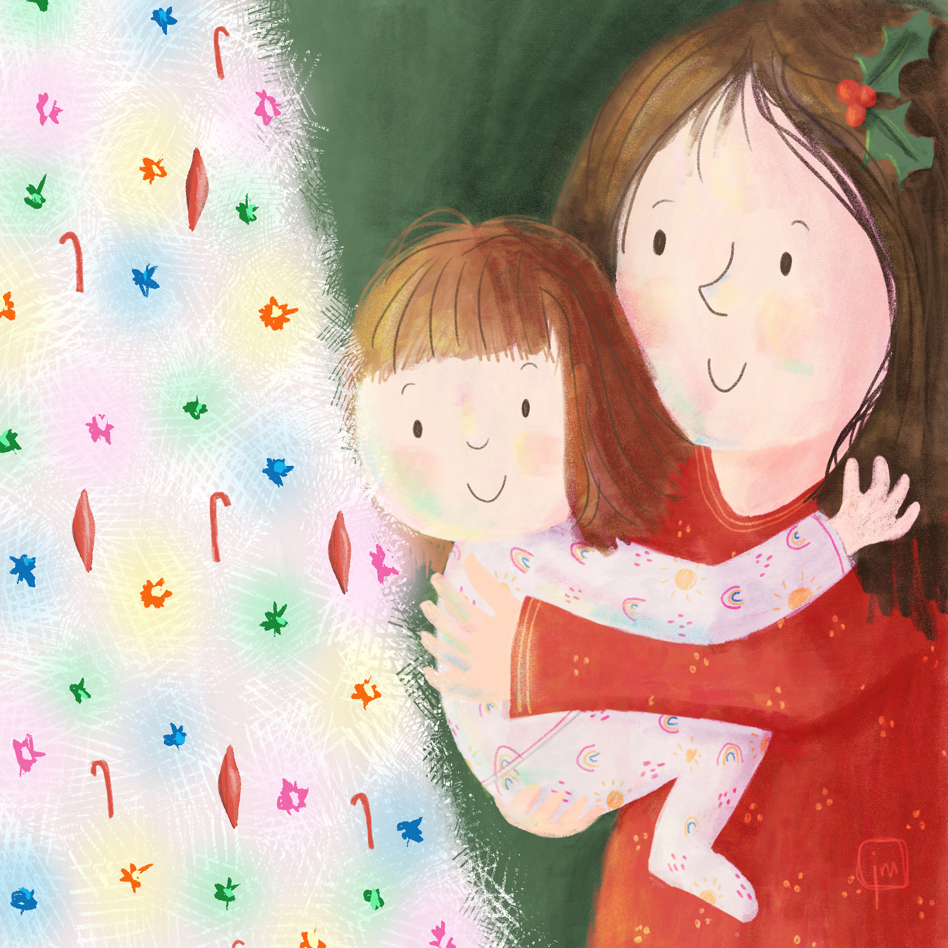 mother holding child to look at lights on a white Christmas tree