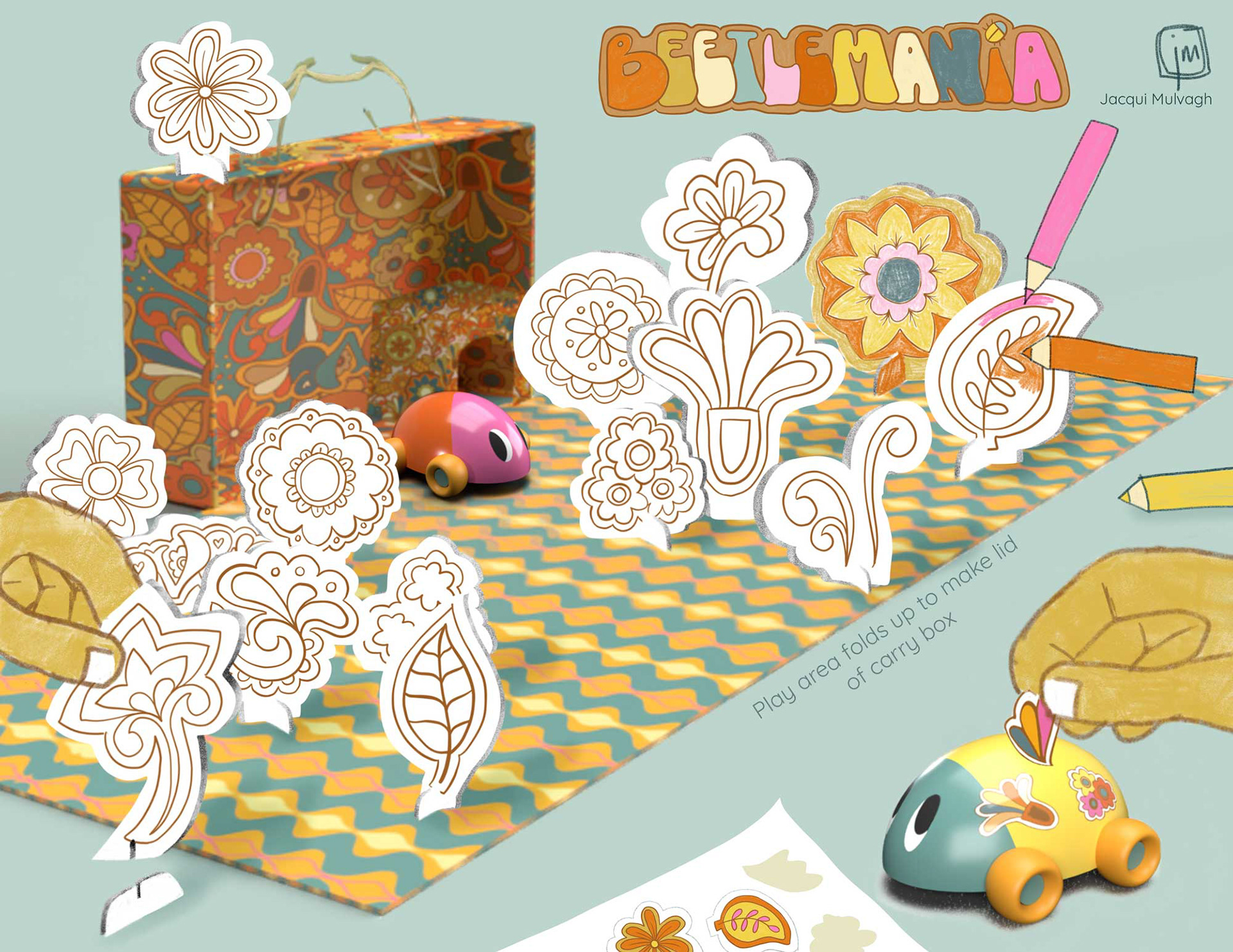 fold out box with colour-in shapes to make path for the beetles