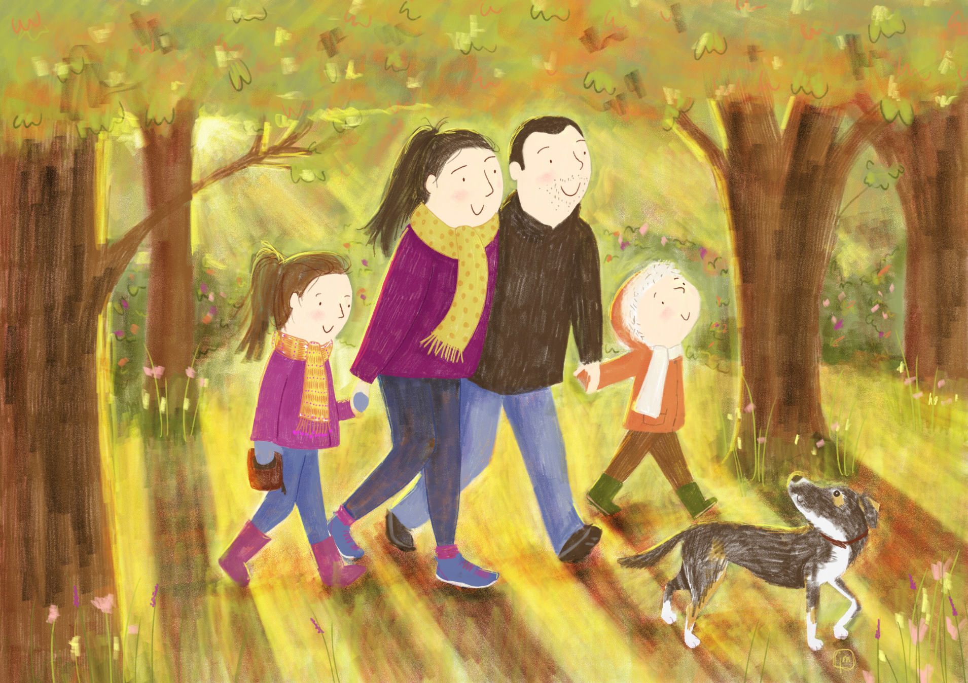 Family portrait - family walking through woods in Autumn