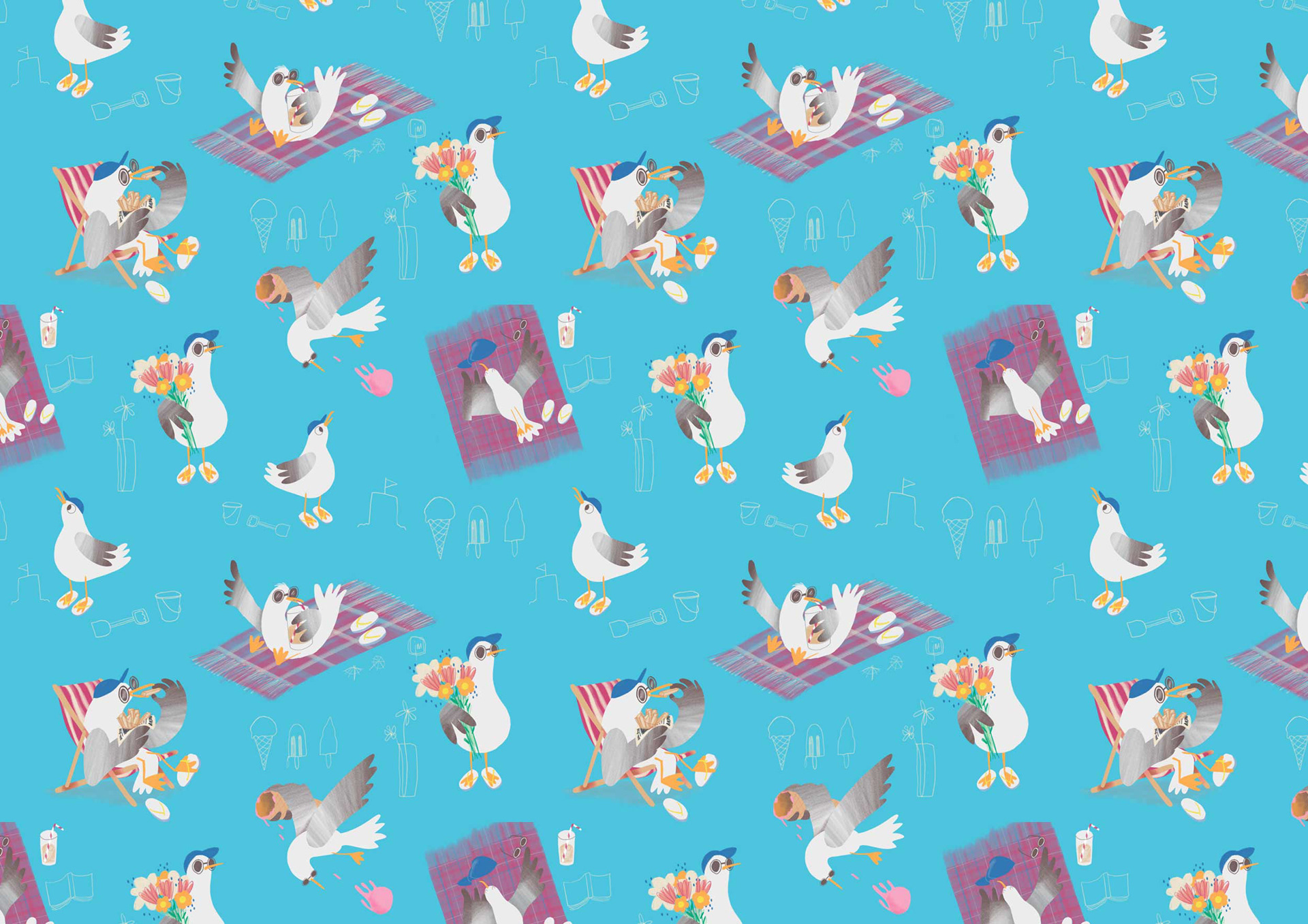 repeat pattern of seagulls having fun in summer