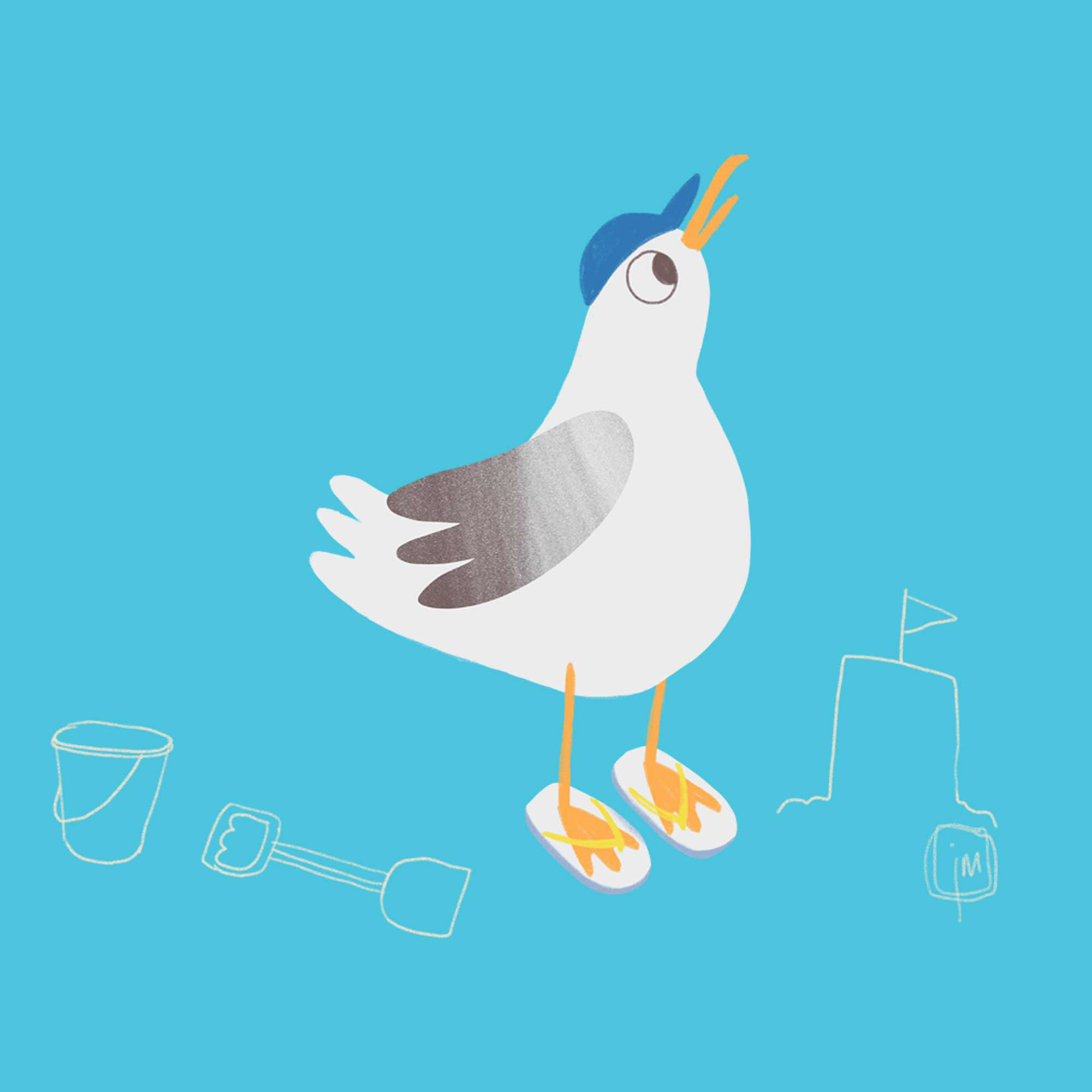 seagull with hat on next to a sandcastle