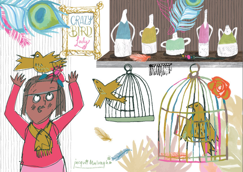 Crazy bird lady - lady with bird on head, birds in cages
