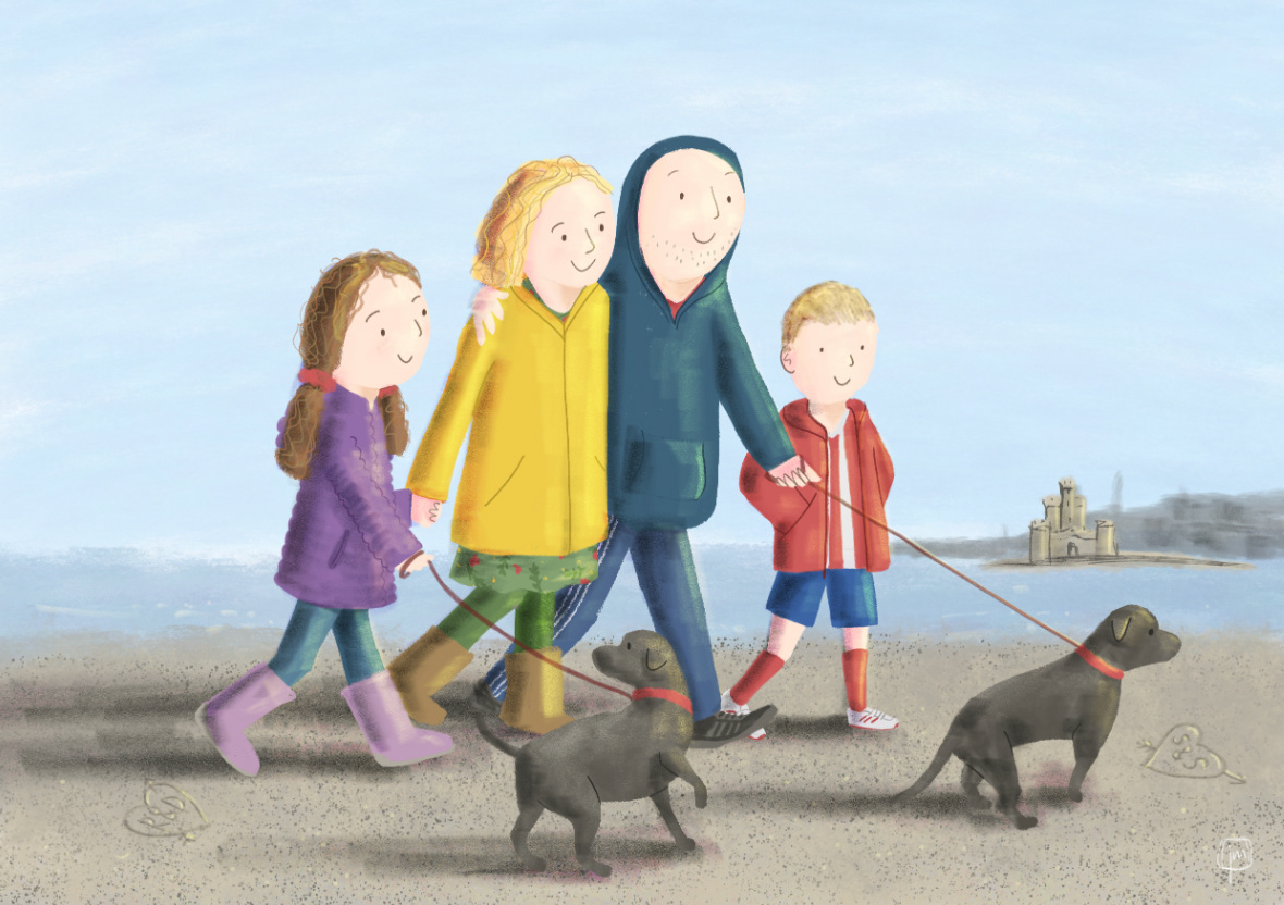 Family portrait - family walking on beach with dogs