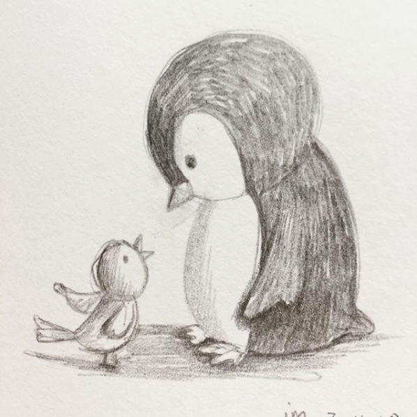 Penguin intently listening to bird