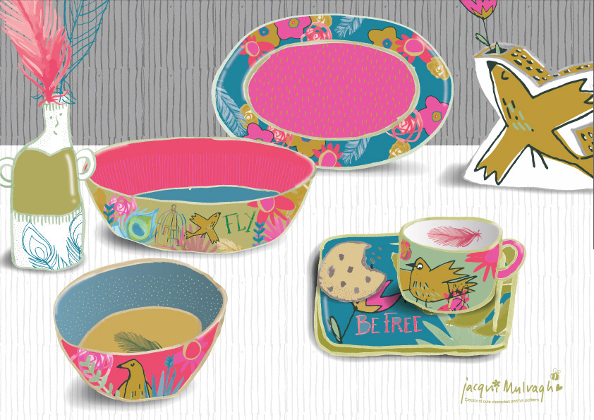mock up of plates with crazy bird lady patterns