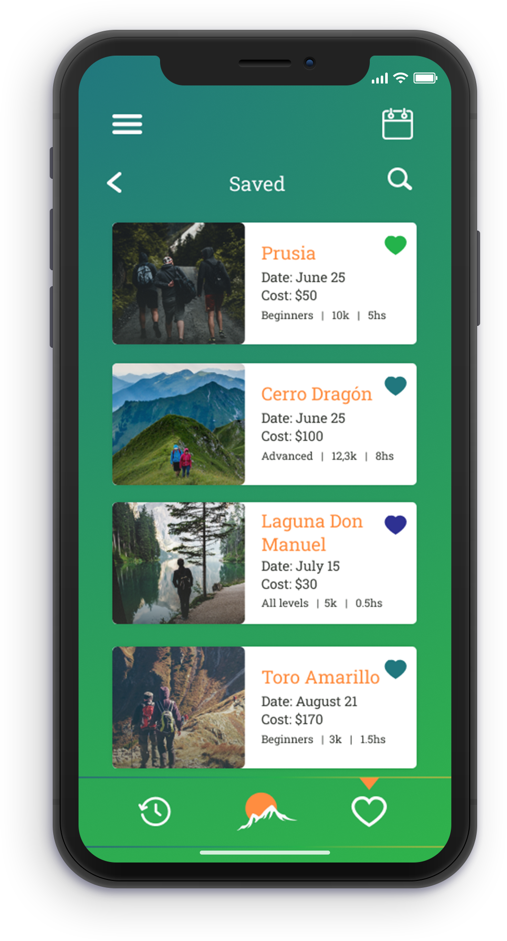 Record of saved hikes Screen
