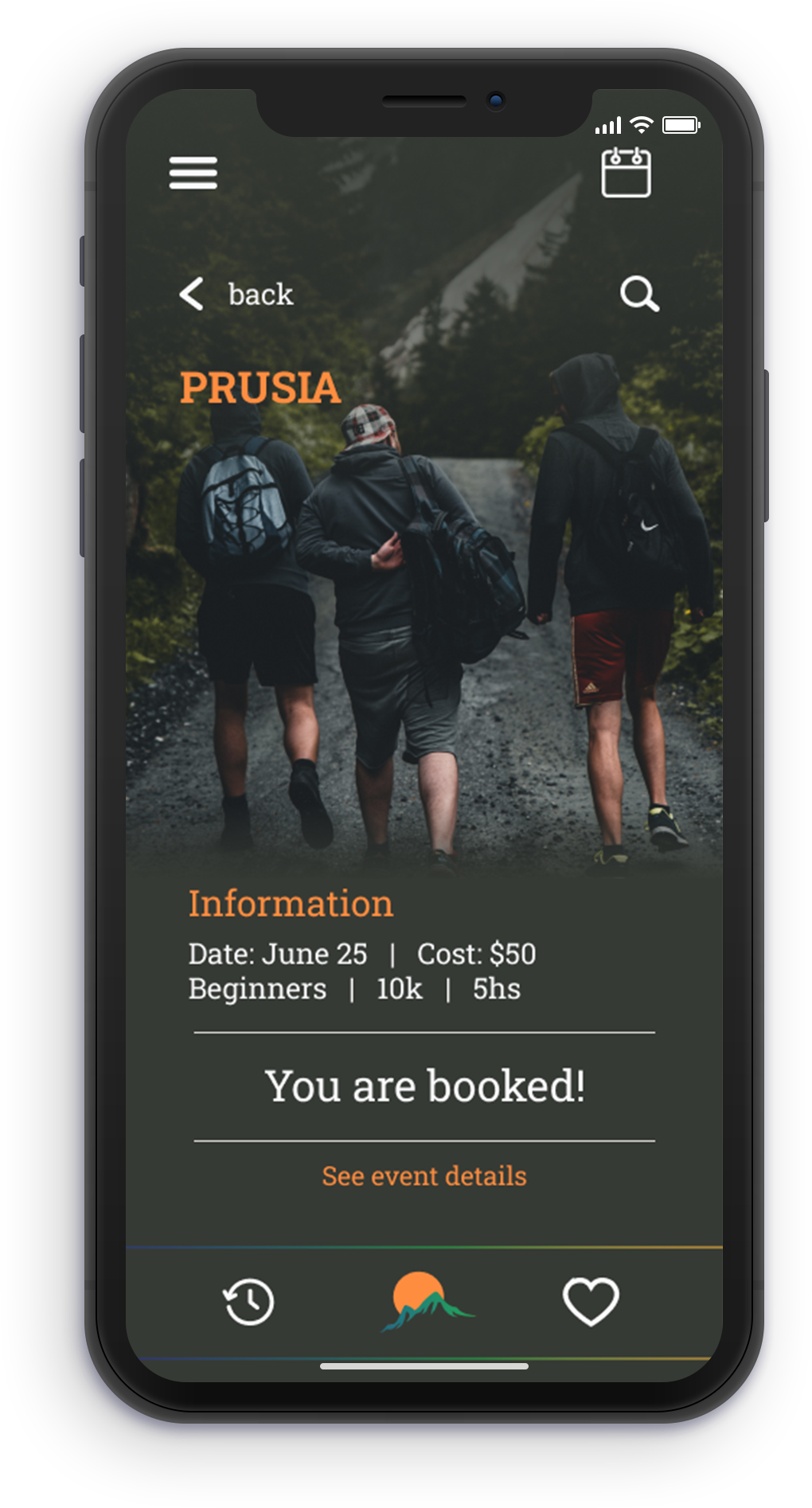 Booked hike screen