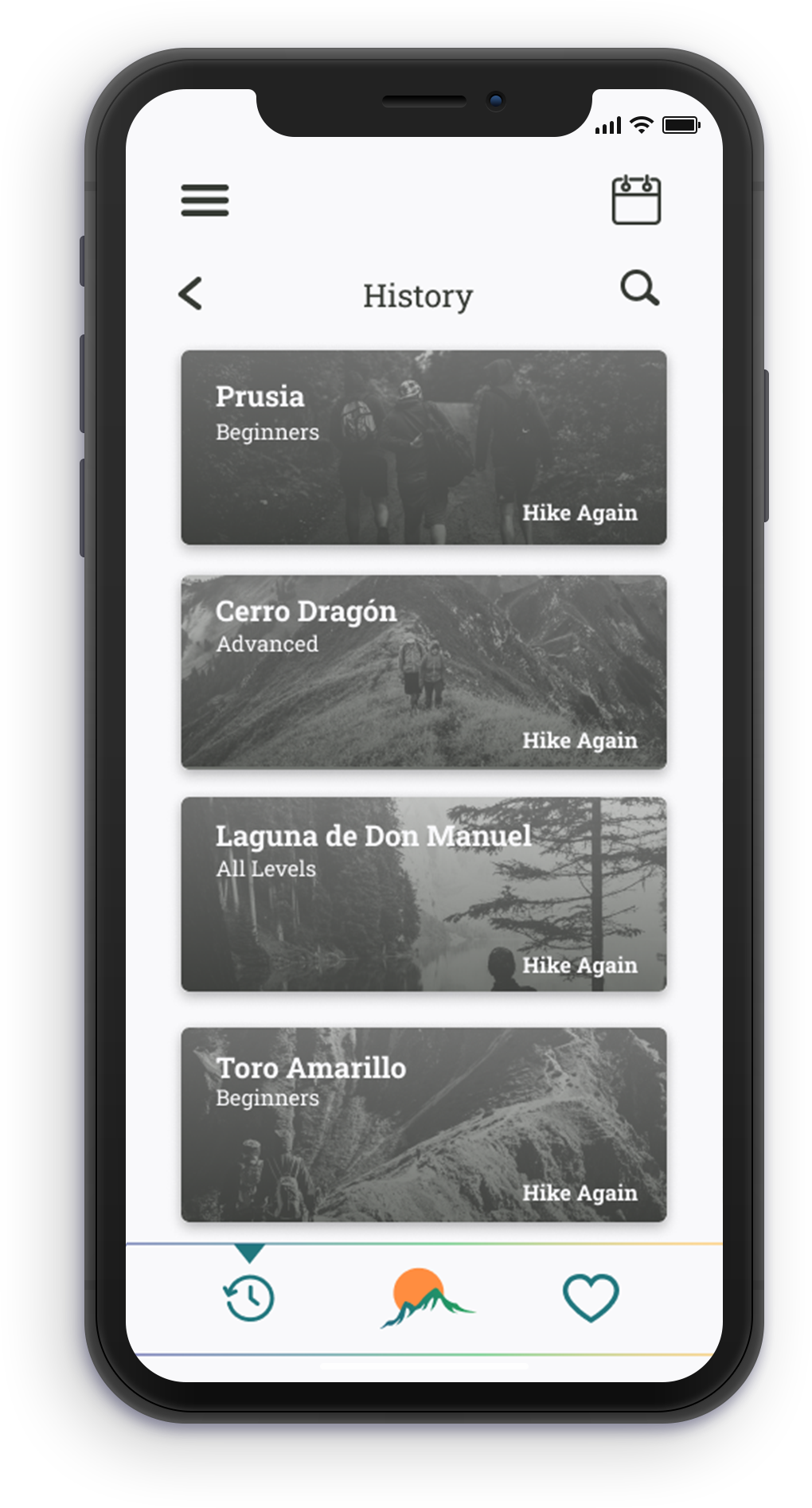 History of previous hikes Screen