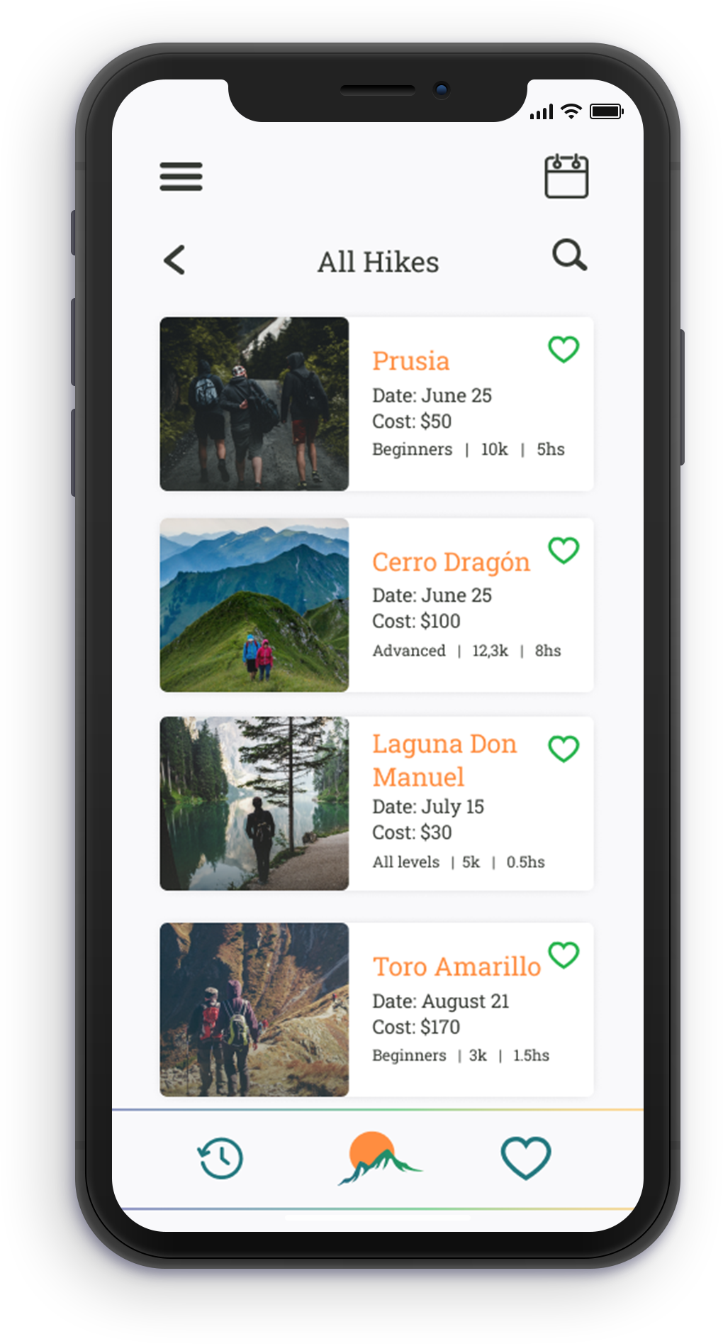 All Hikes availables Screen