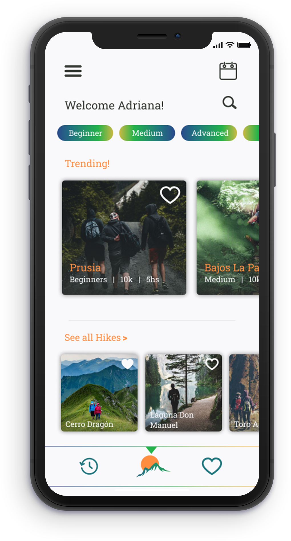 Main Screen with trending and all hikes categories