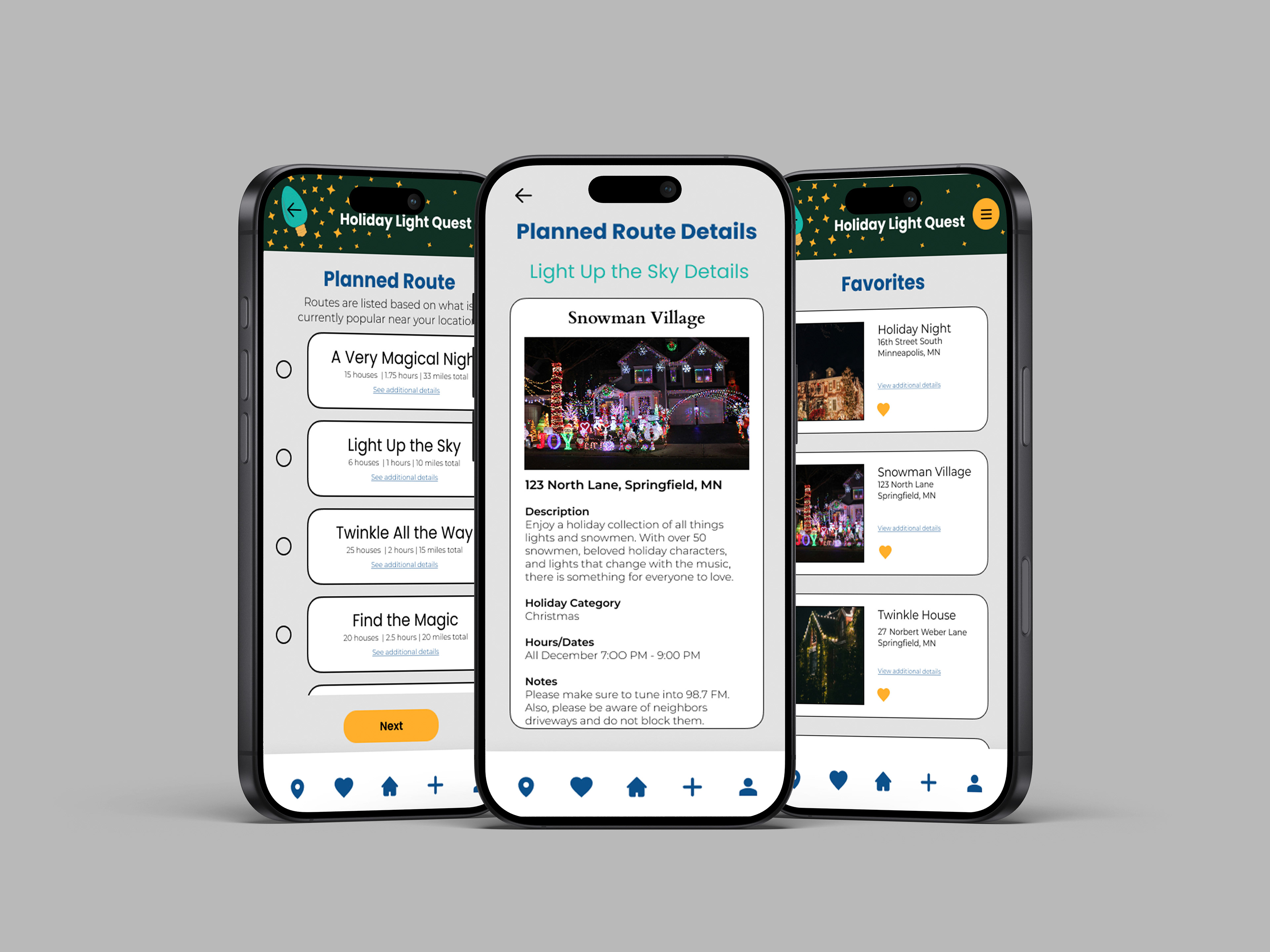 Three Mobile Screens Showing Holiday Light Quest