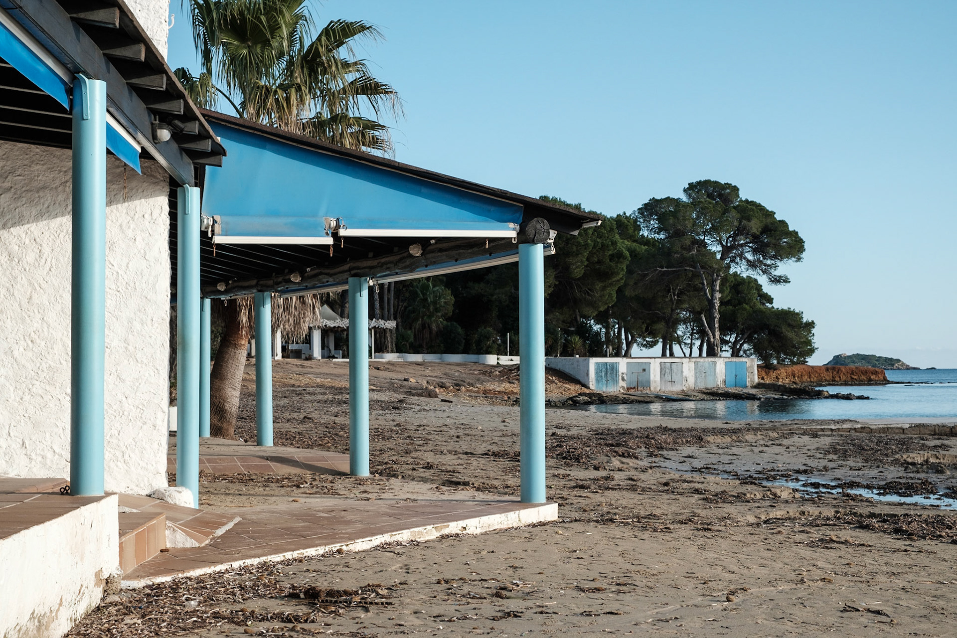 Blue beach-cafe in winter, Ibiza