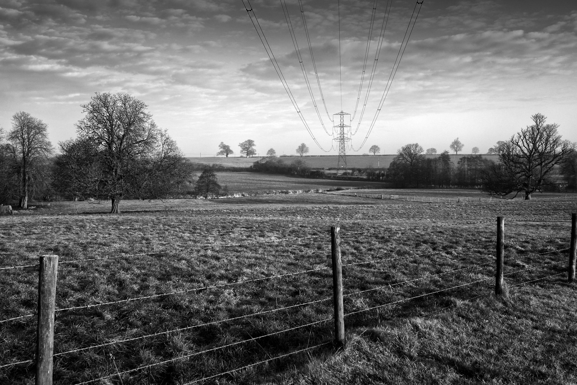 Landscape with pylon and barbed wire fence, Frome