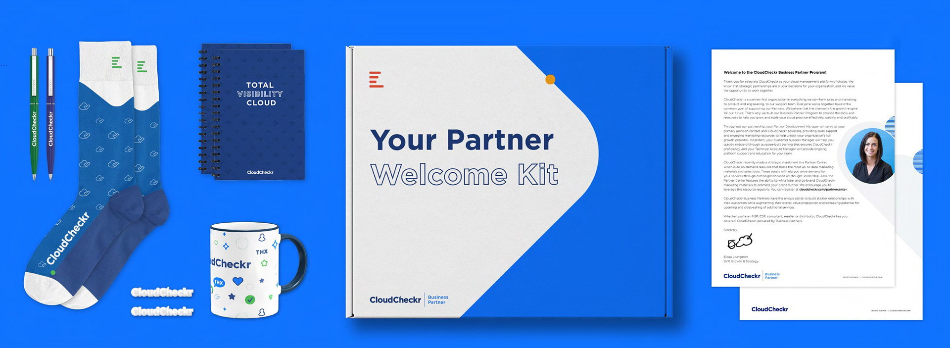 Partner Welcoming Kit - This package features a welcoming letter from the Senior Vice President of Growth and Strategy, along with a pattern-branded coffee mug, enamel pins, a pocket notebook, throwback socks, and pens. 