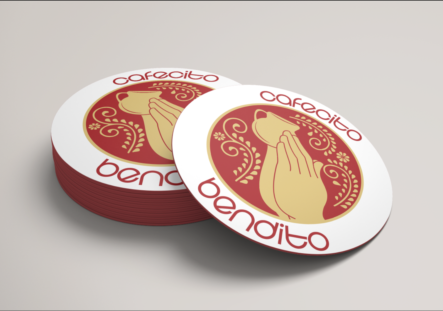 A render of coasters withe the Cafecito Bendito Logo on them