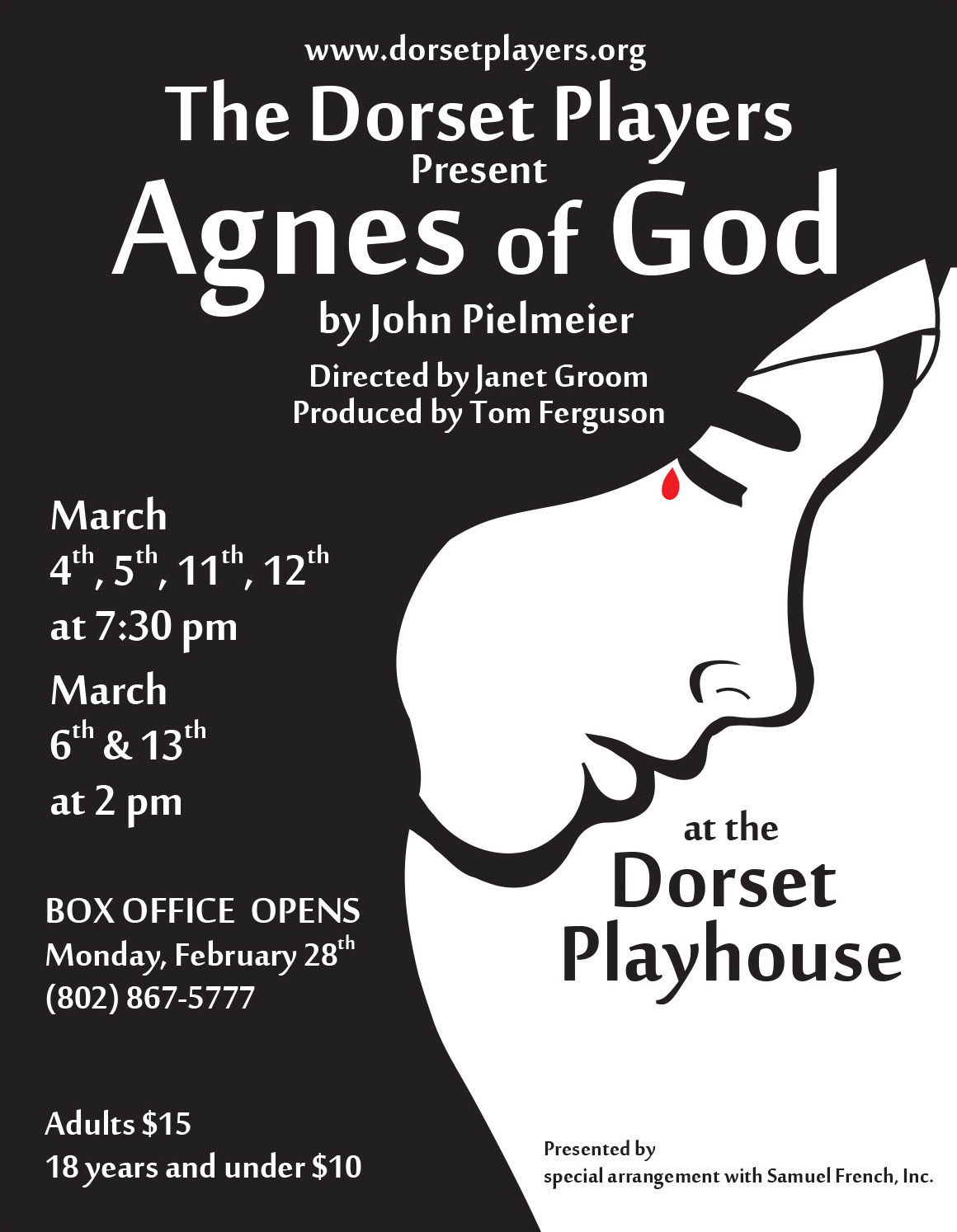 Poster for Agnes of God. A play produced by the Dorset Playhouse in Vermont.