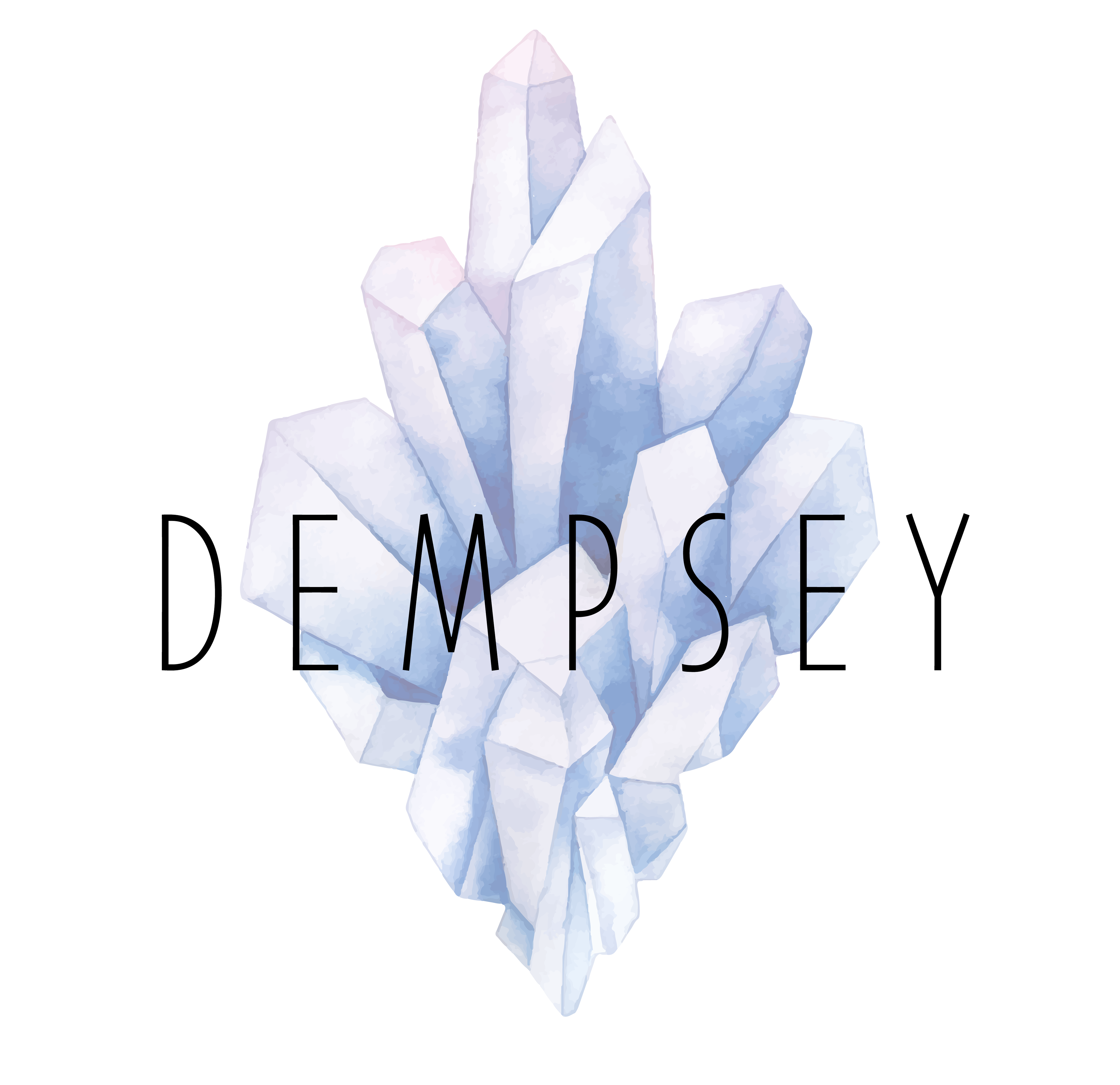 Dempsey Design & Wellness - Blue & Purple Crystal Logo with a coral & pink water colour background